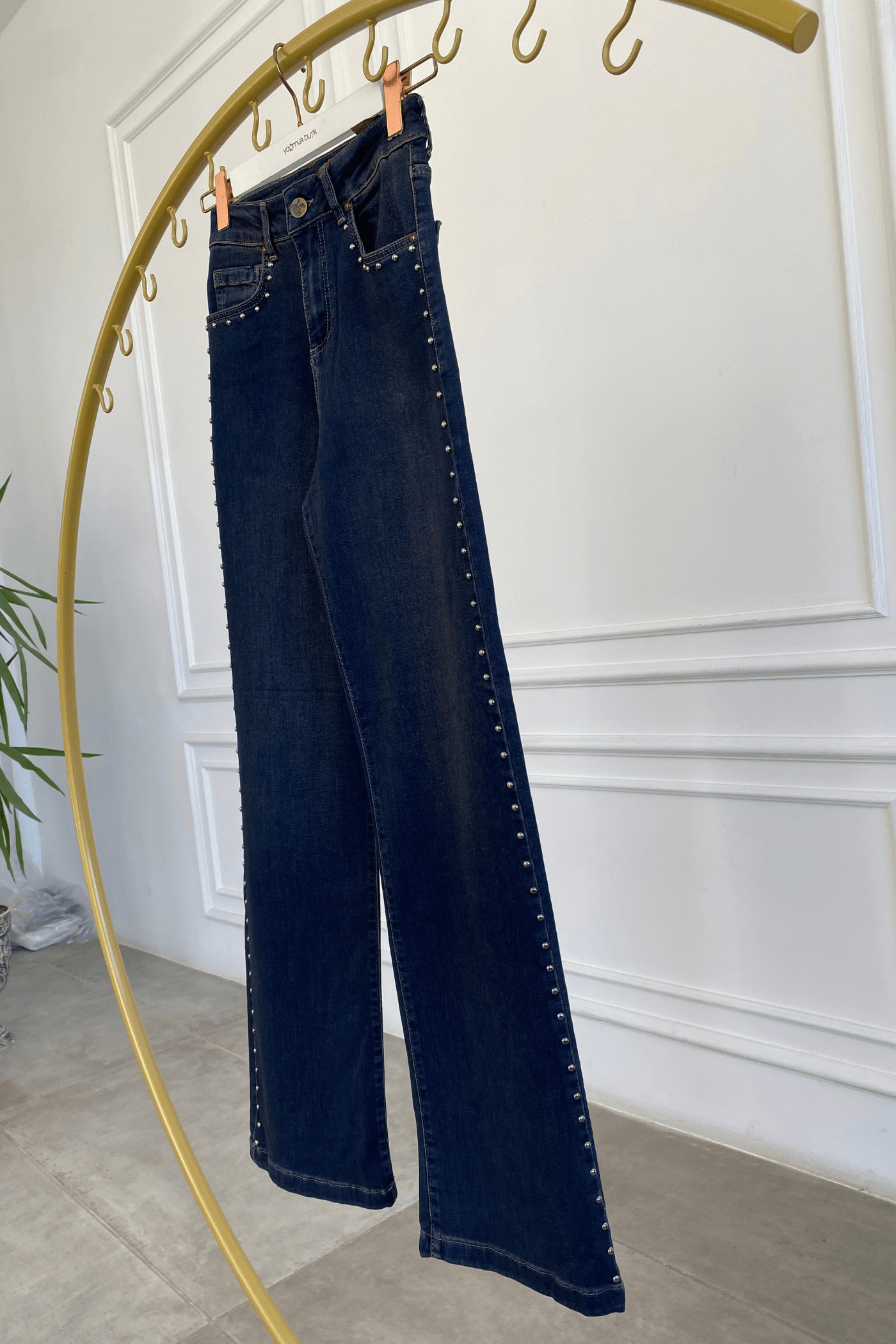 Cep Ve Yanları Drop Taş Detaylı Palazzo Kot Pantolon