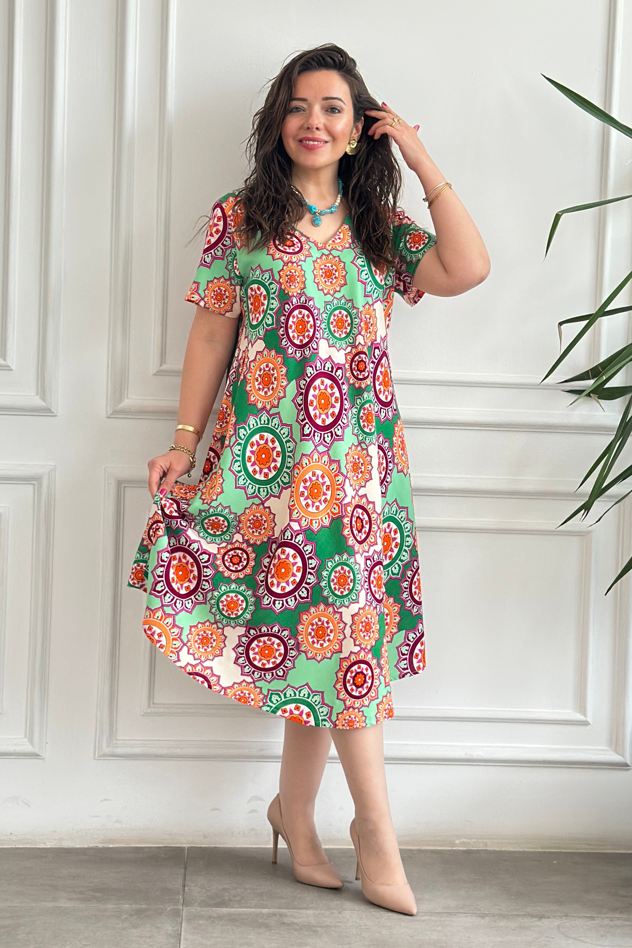 Sihirli V Yaka Viscon Elbise - YESIL MANDALA