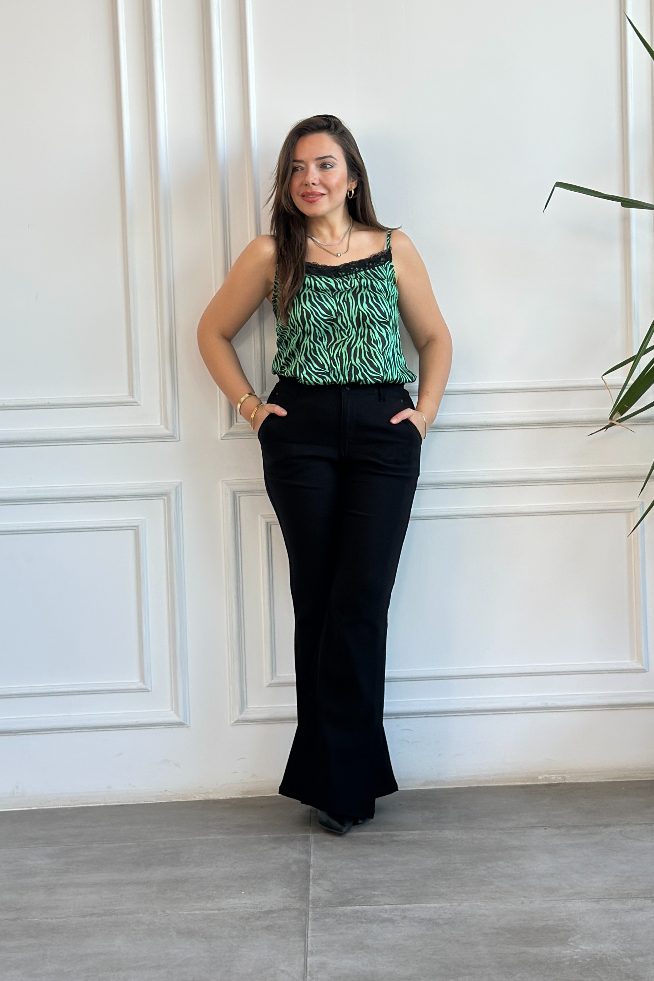 Zebra Desen Dantelli Askılı Bluz