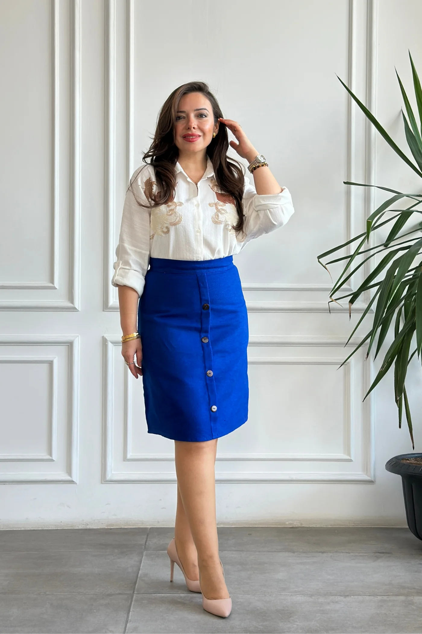 Önü Süs Düğme Detaylı Pazen Çan Etek