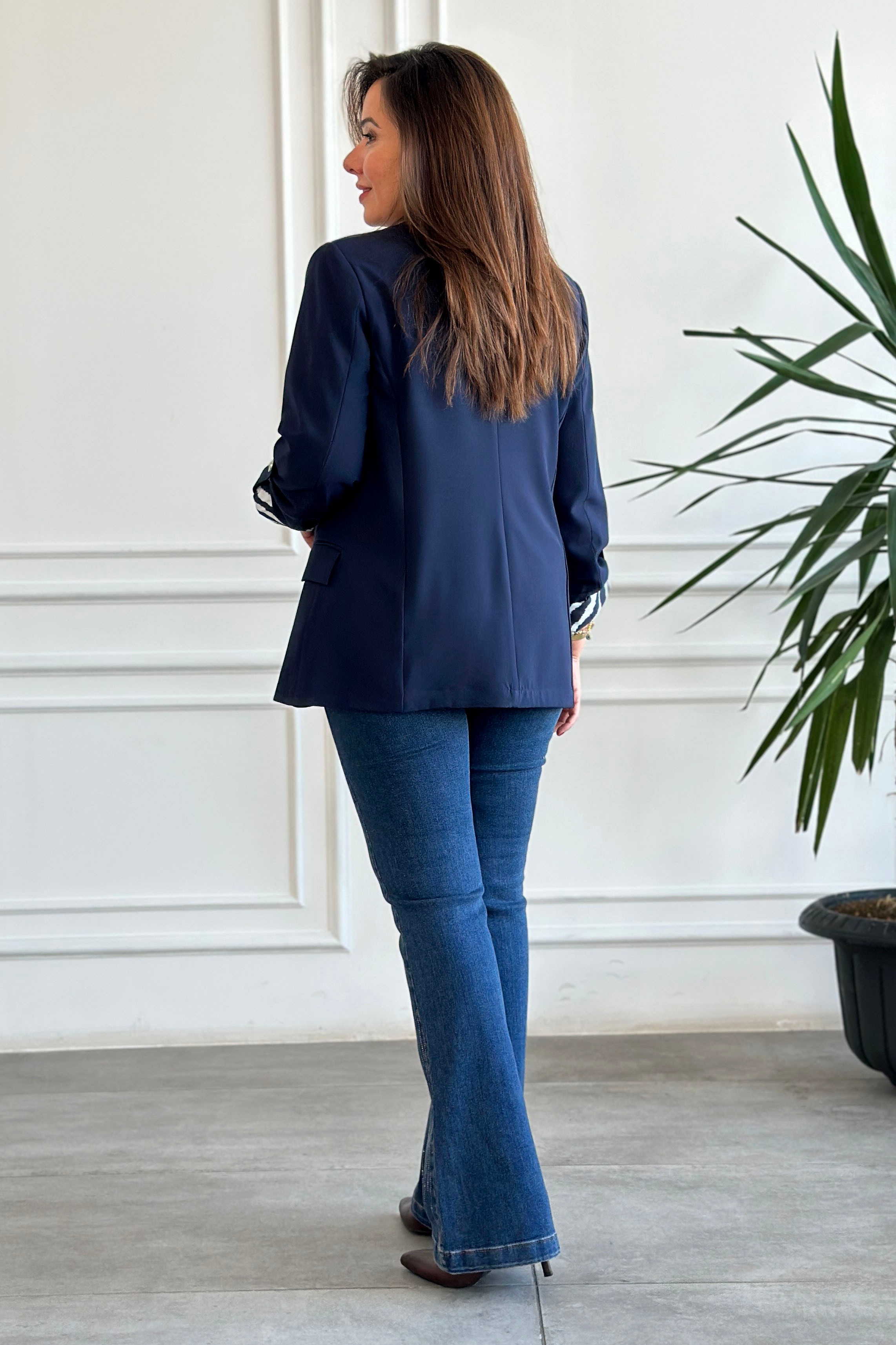 Yarım Astarlı Zebra Garnili Blazer Ceket - LACIVERT