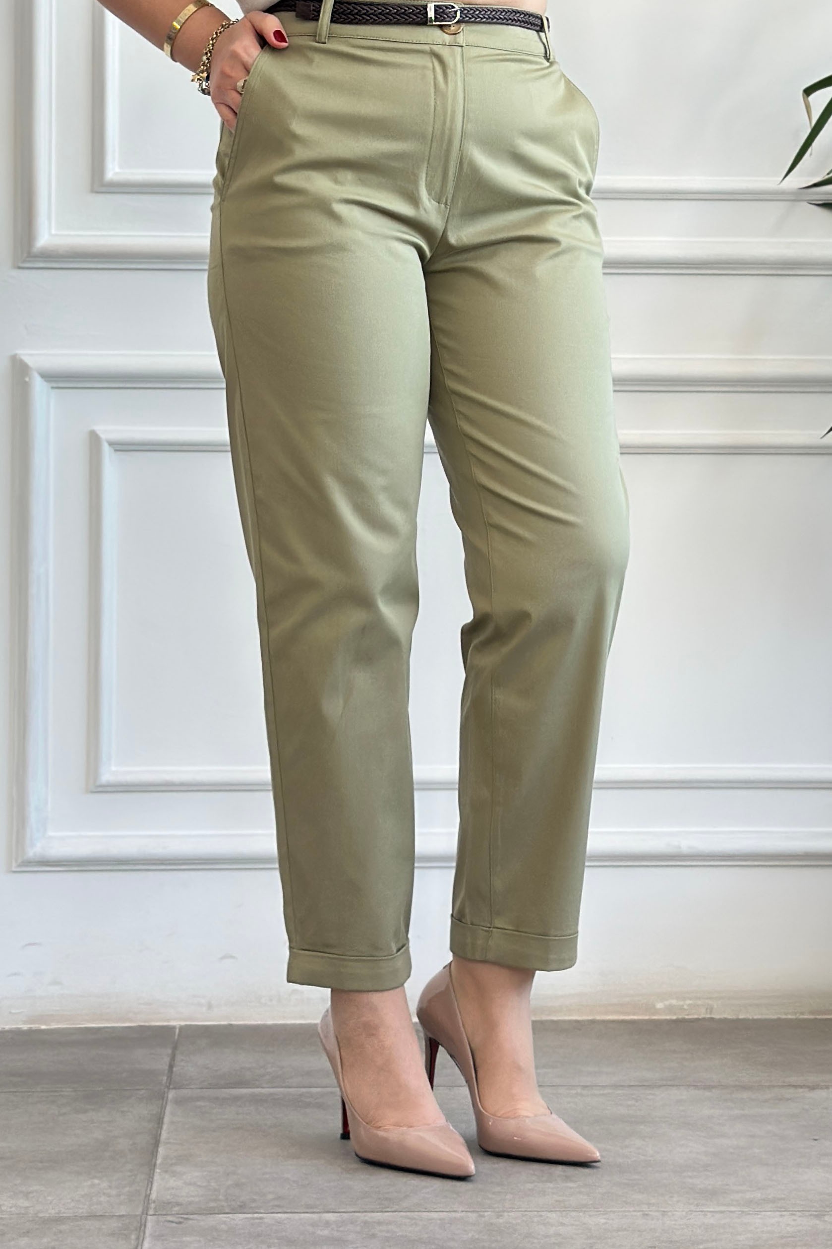 Kendinden Kemerli Duble Paça Pantolon - HAKI