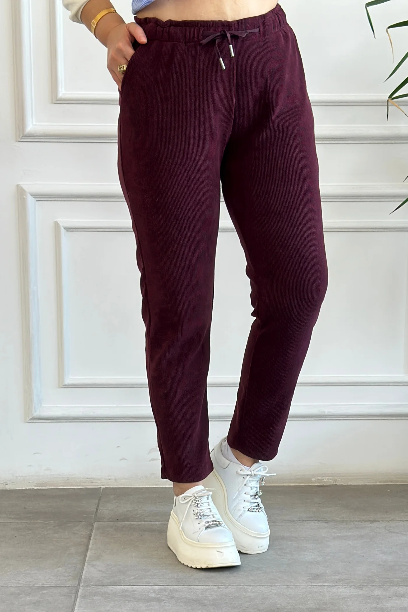 Beli Lastikli Kadife Dar paça Pantolon - BORDO