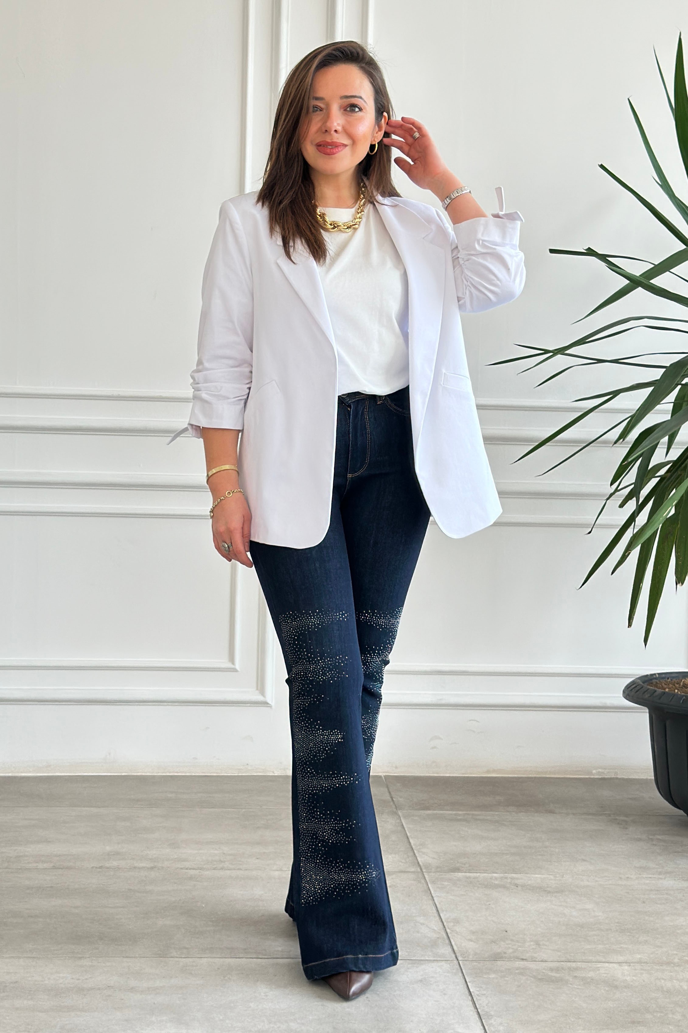 Kolları Büzgülü Blazer Ceket - BEYAZ