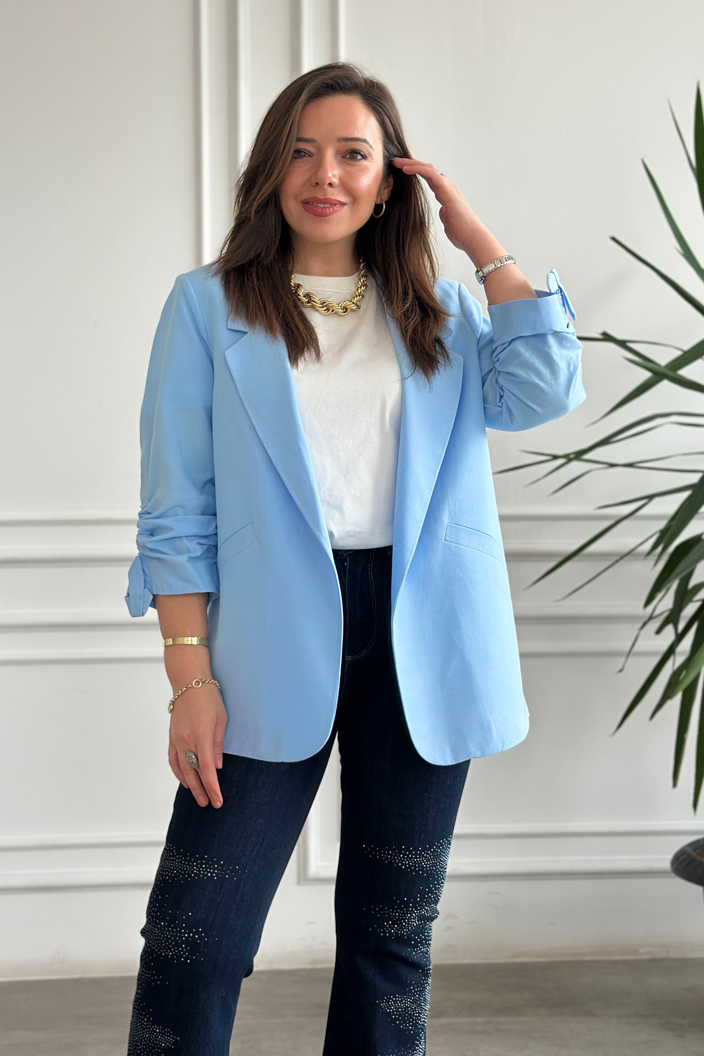 Kolları Büzgülü Blazer Ceket - BUZ MAVI
