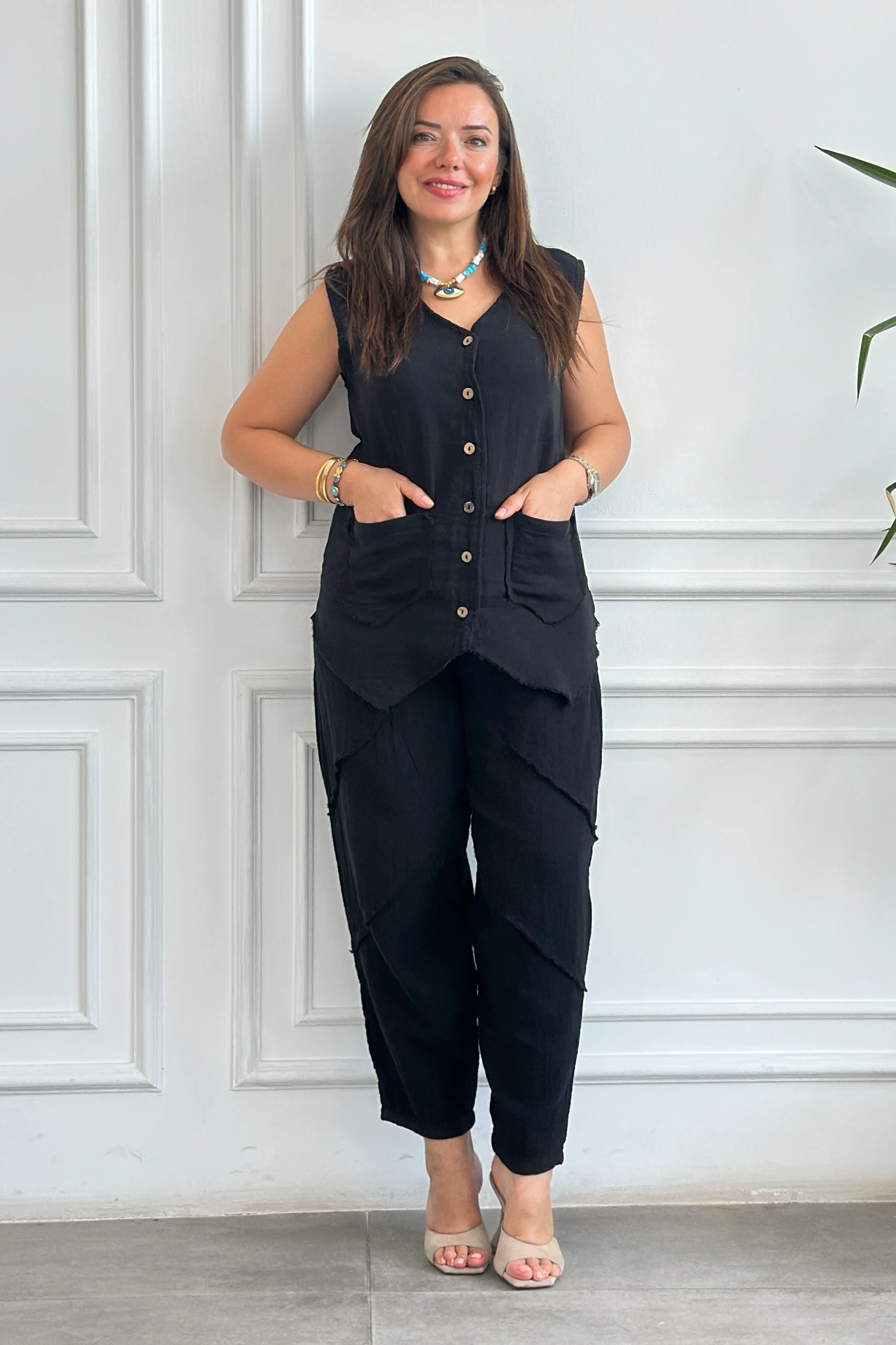 Önden Düğme Detaylı Cepken Yelek - SIYAH