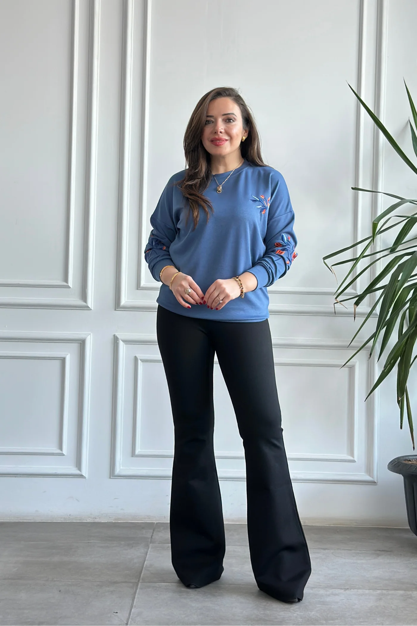 Önü Ve Kolları Nakış İşlemeli Sweat  - INDIGO