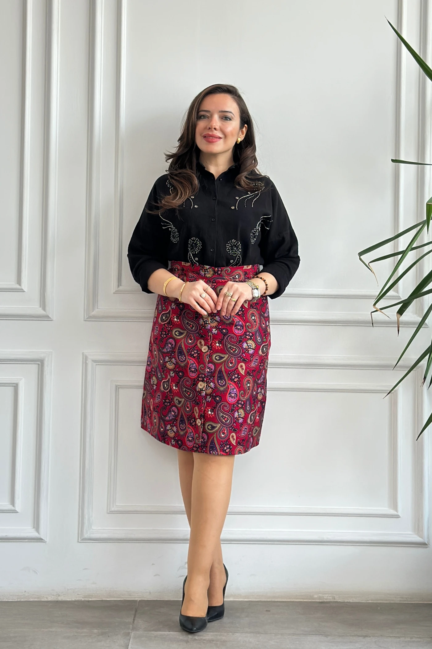 Önü Süs Düğme Detaylı Pazen Çan Etek - FUSYA MOR