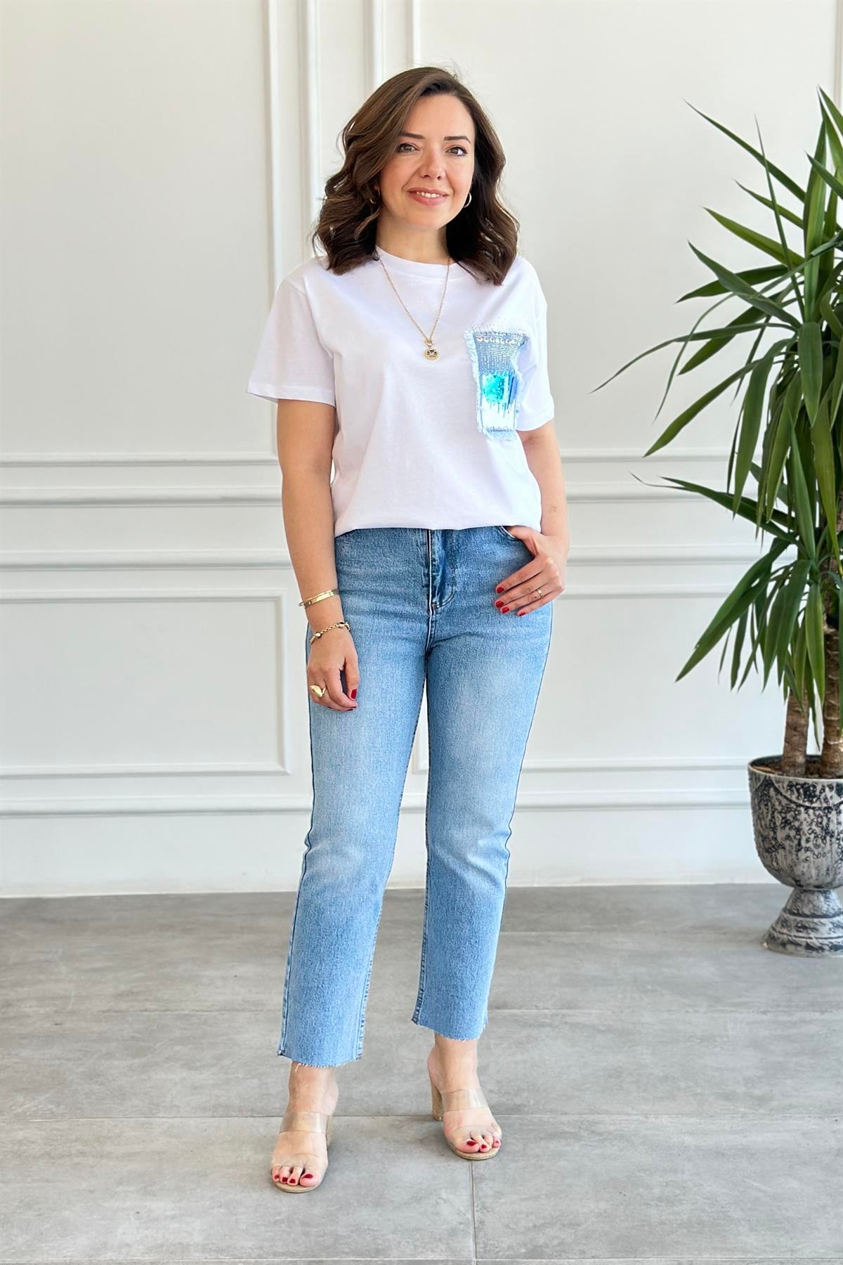 Cebi Kot Ve Taş Detaylı T-Shirt