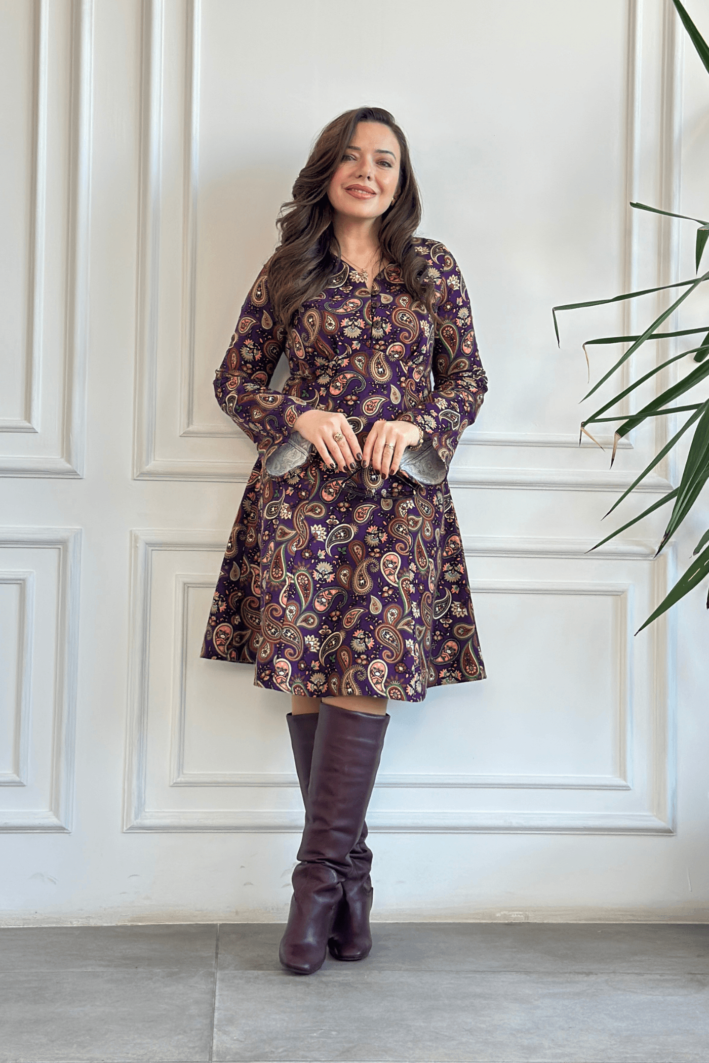 Önden Düğme Detaylı Asimetrik Kol Elbise - MOR