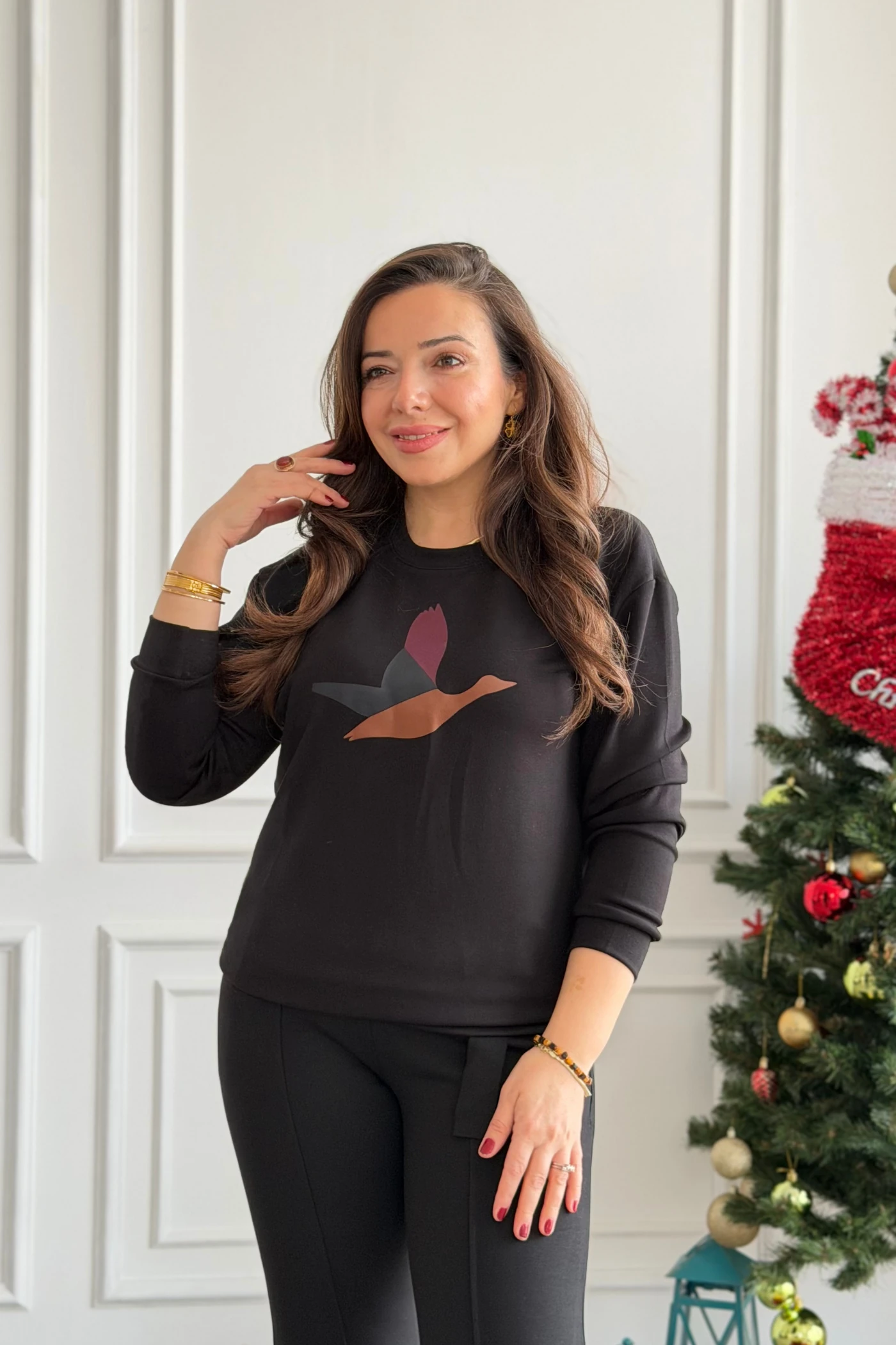 Önü Kuş Baskılı Sweat  - SIYAH