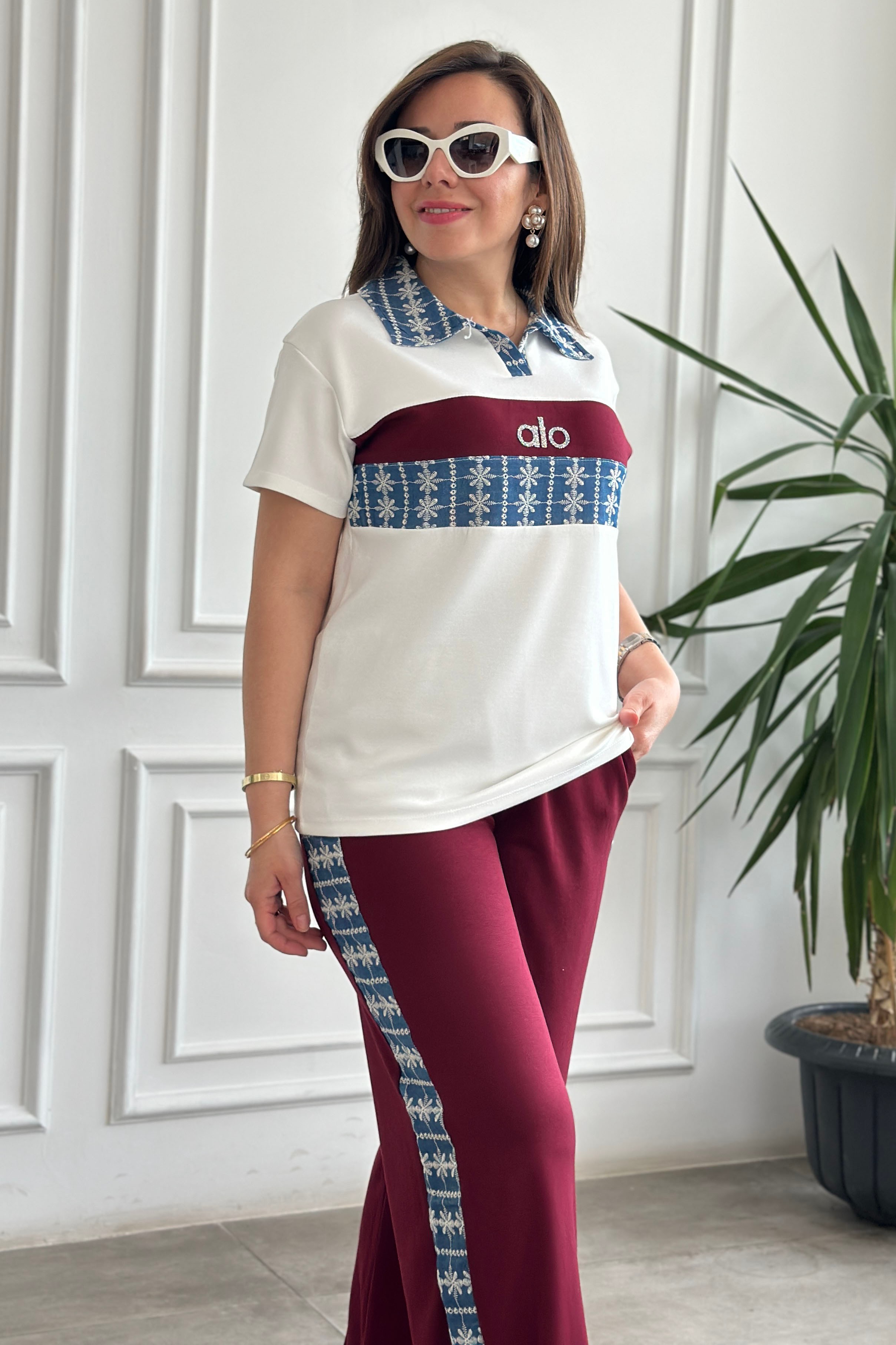 Polo Yaka Önü Taş Detaylı Kısa Kollu Takım - BORDO