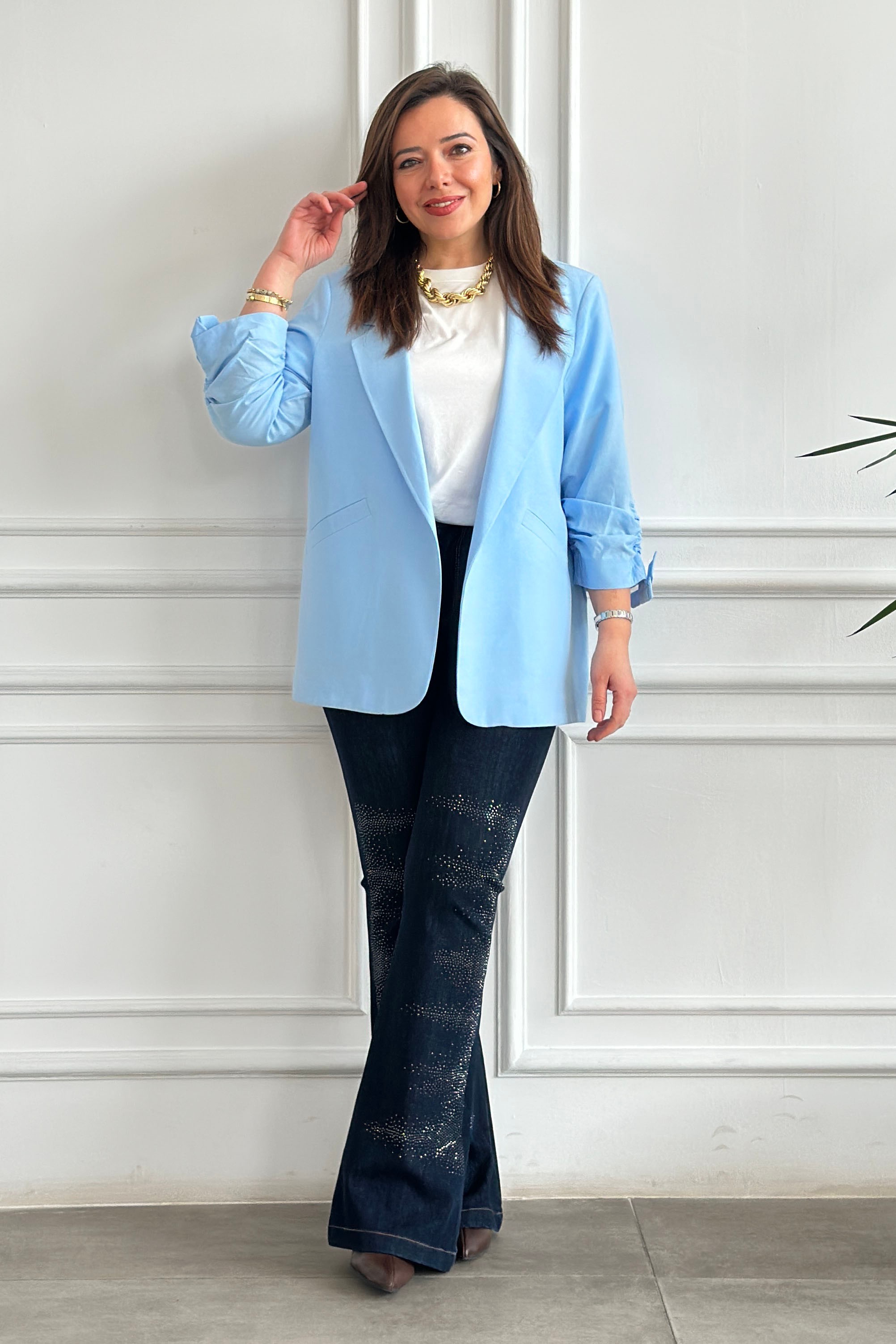 Kolları Büzgülü Blazer Ceket - BUZ MAVI