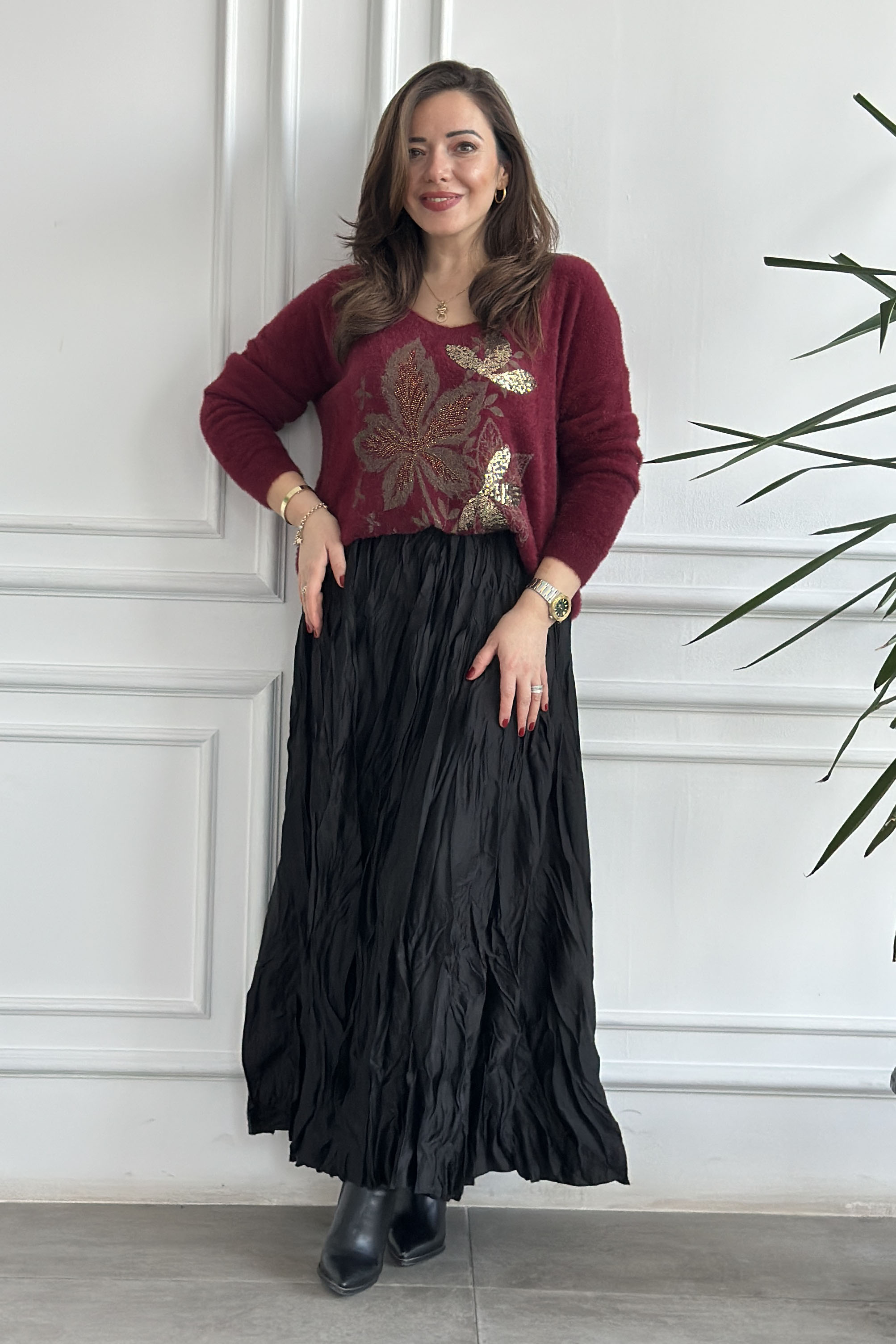 Yaprak Desen Taşlı Yün Triko - BORDO