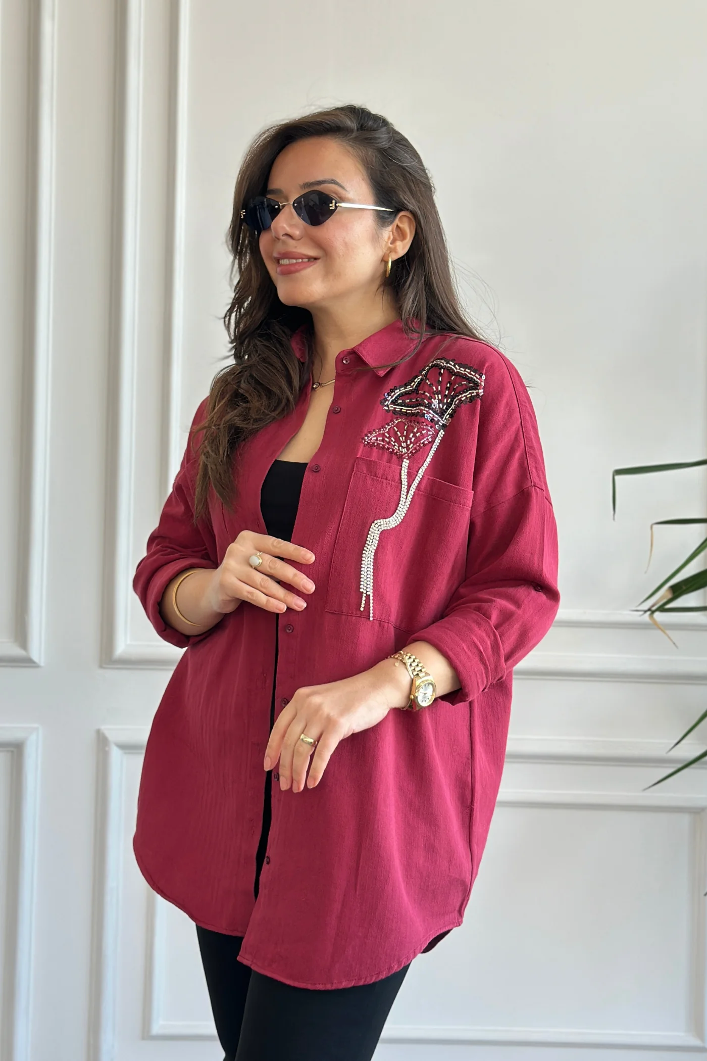 Cebi Çiçek Taş Boncuk İşlemeli Gömlek