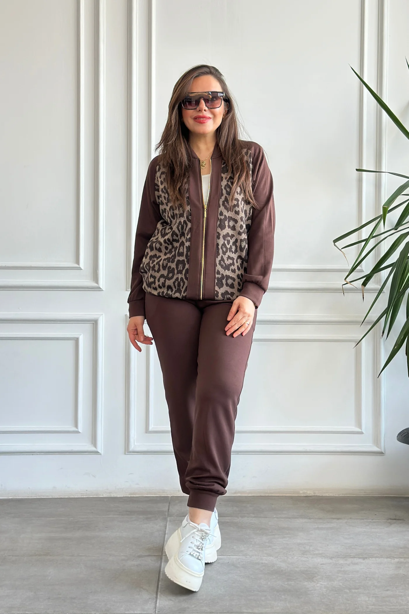 Leopar Detaylı Fermuarlı Eşofman Takımı  - KAHVERENGI