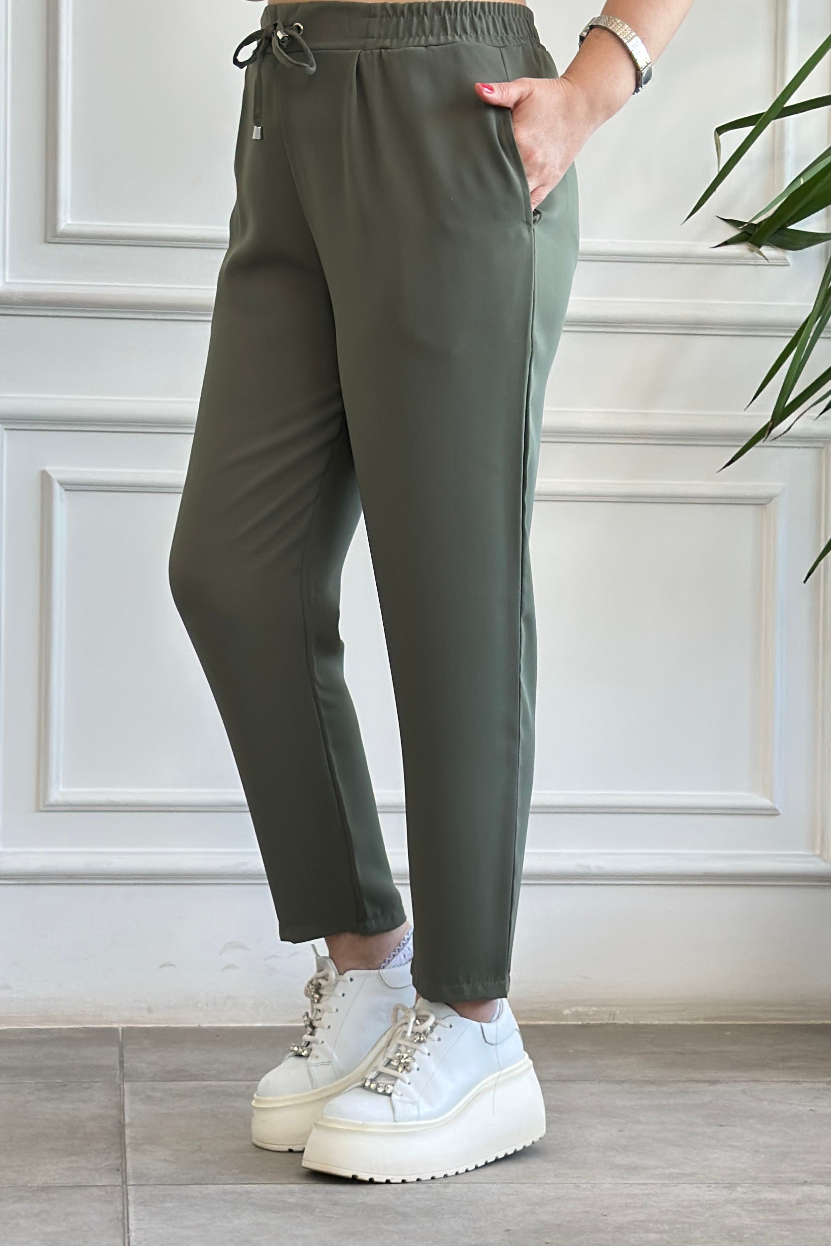 Beli Lastikli Havuç Paça Pantolon - HAKI