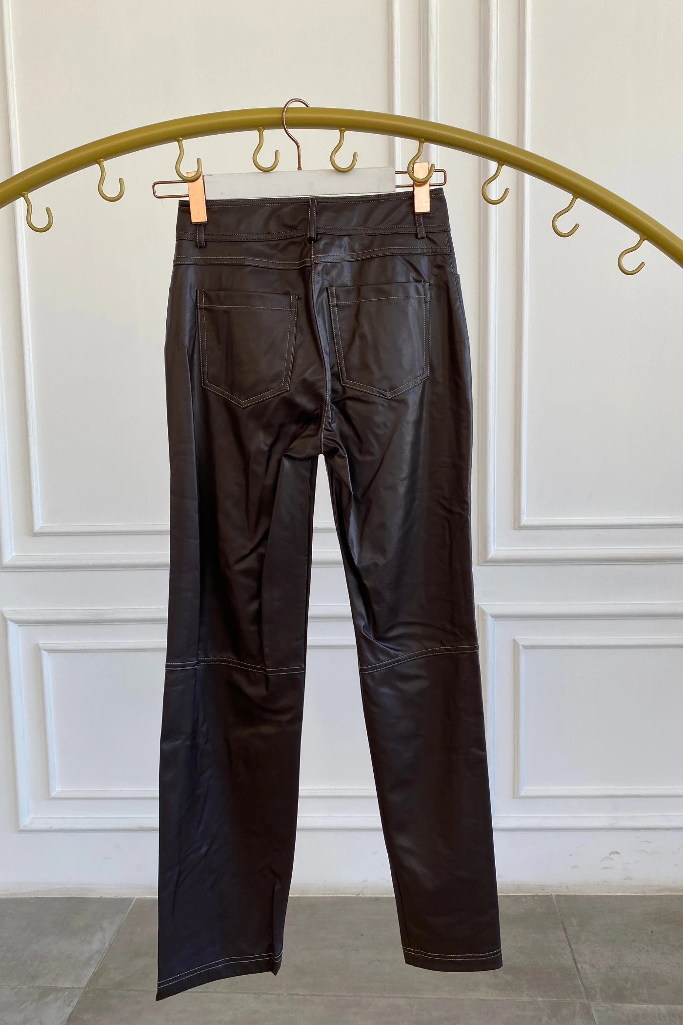 Sıvama Şardonlu Deri Pantolon - KAHVERENGI