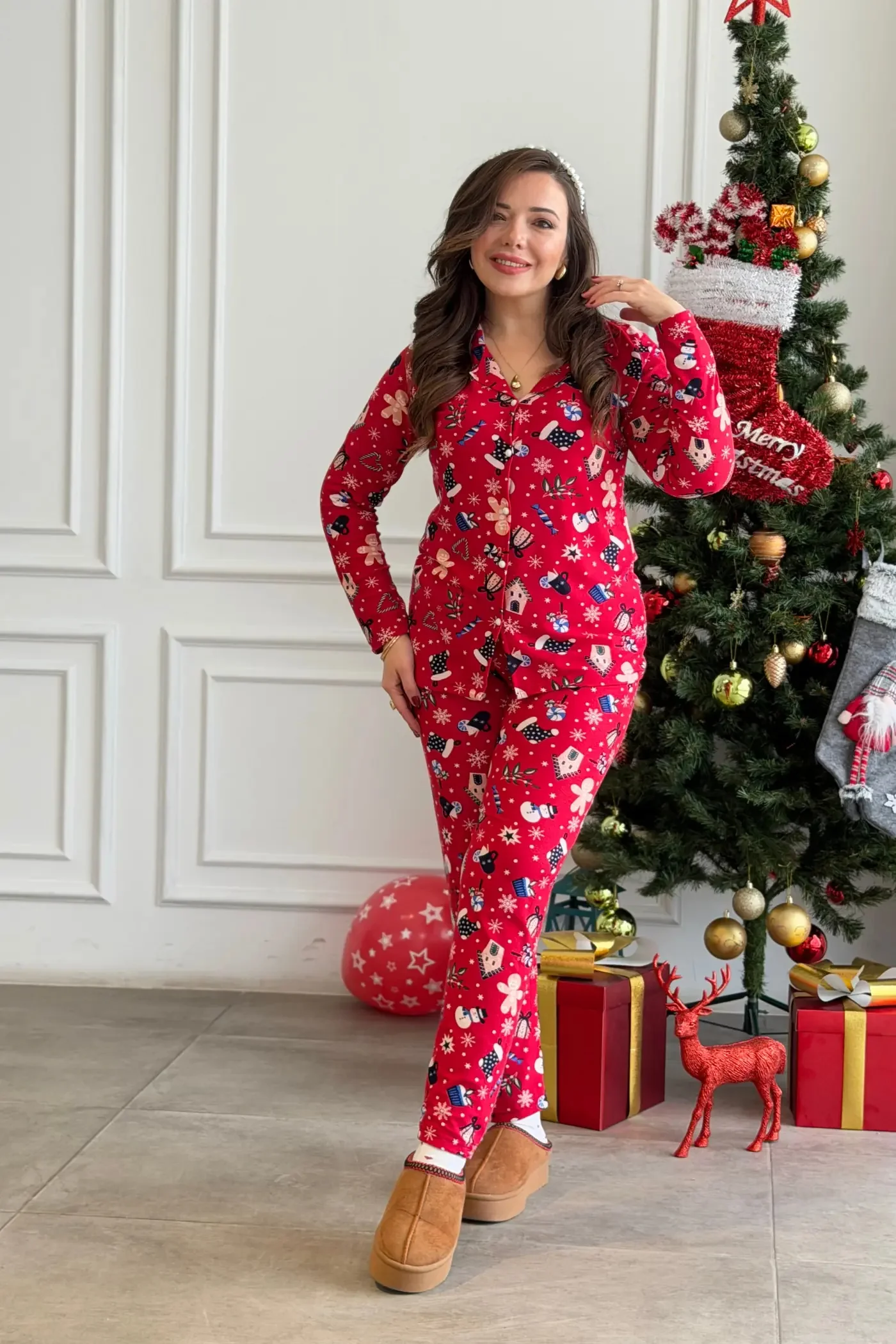 Büyük Beden Desenli Pijama Takımı  - KIRMIZI LACIVERT