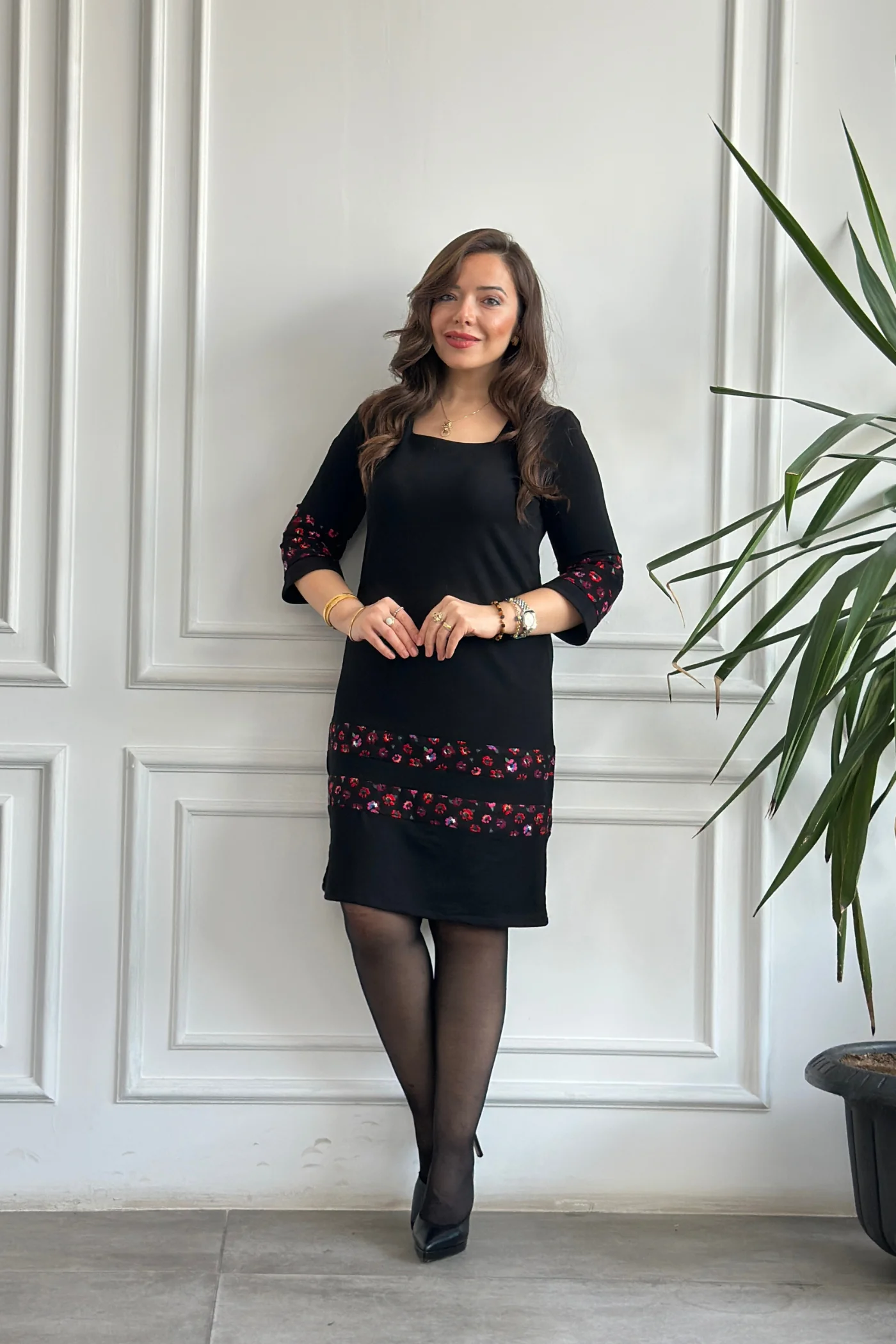 Etek Ve Kol Pazen Detaylı Pamuk Elbise - SIYAH FUSYA