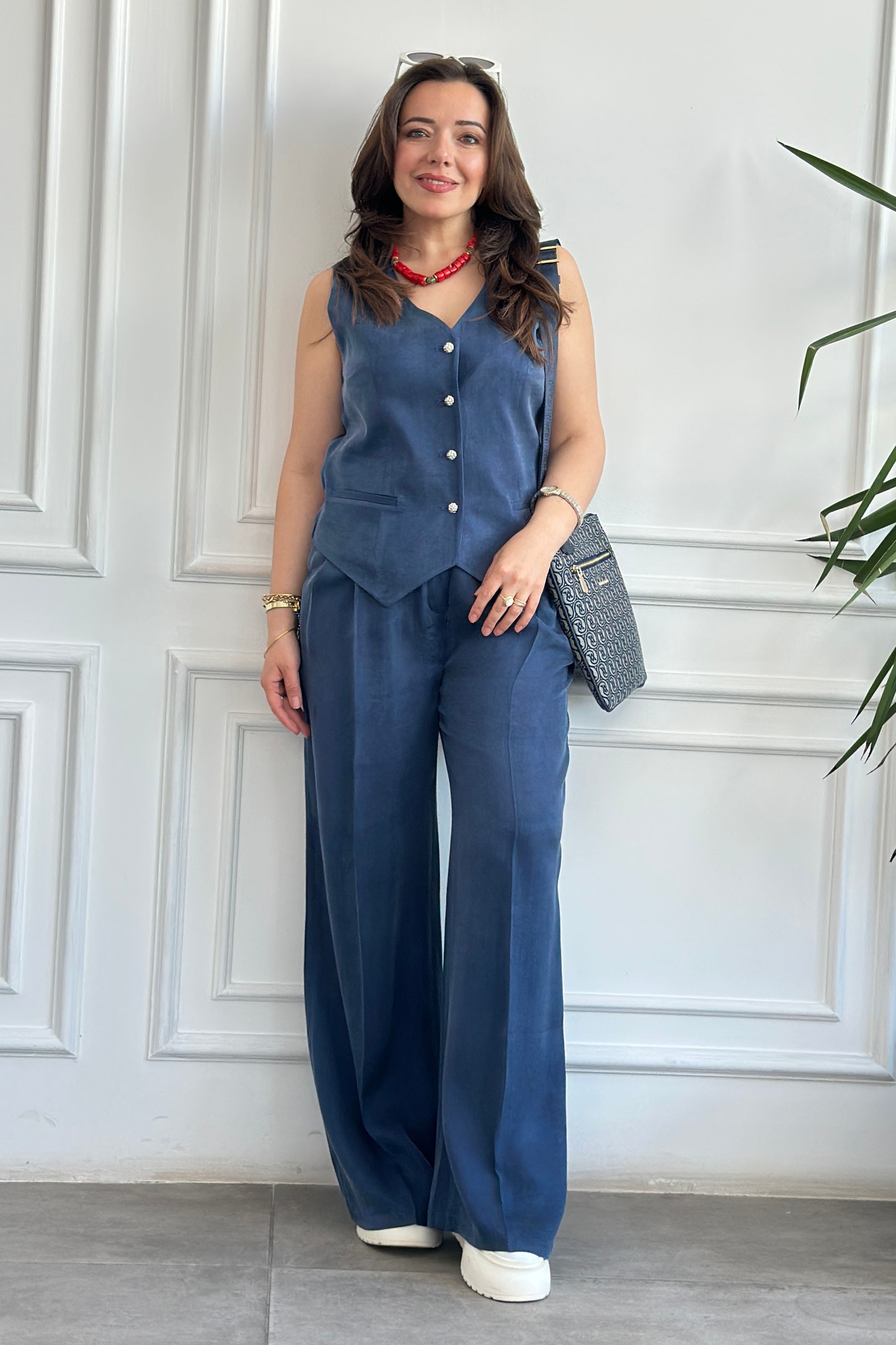 Gold Düğmeli Tensel Kumaş Yelek Pantolon Takım - INDIGO