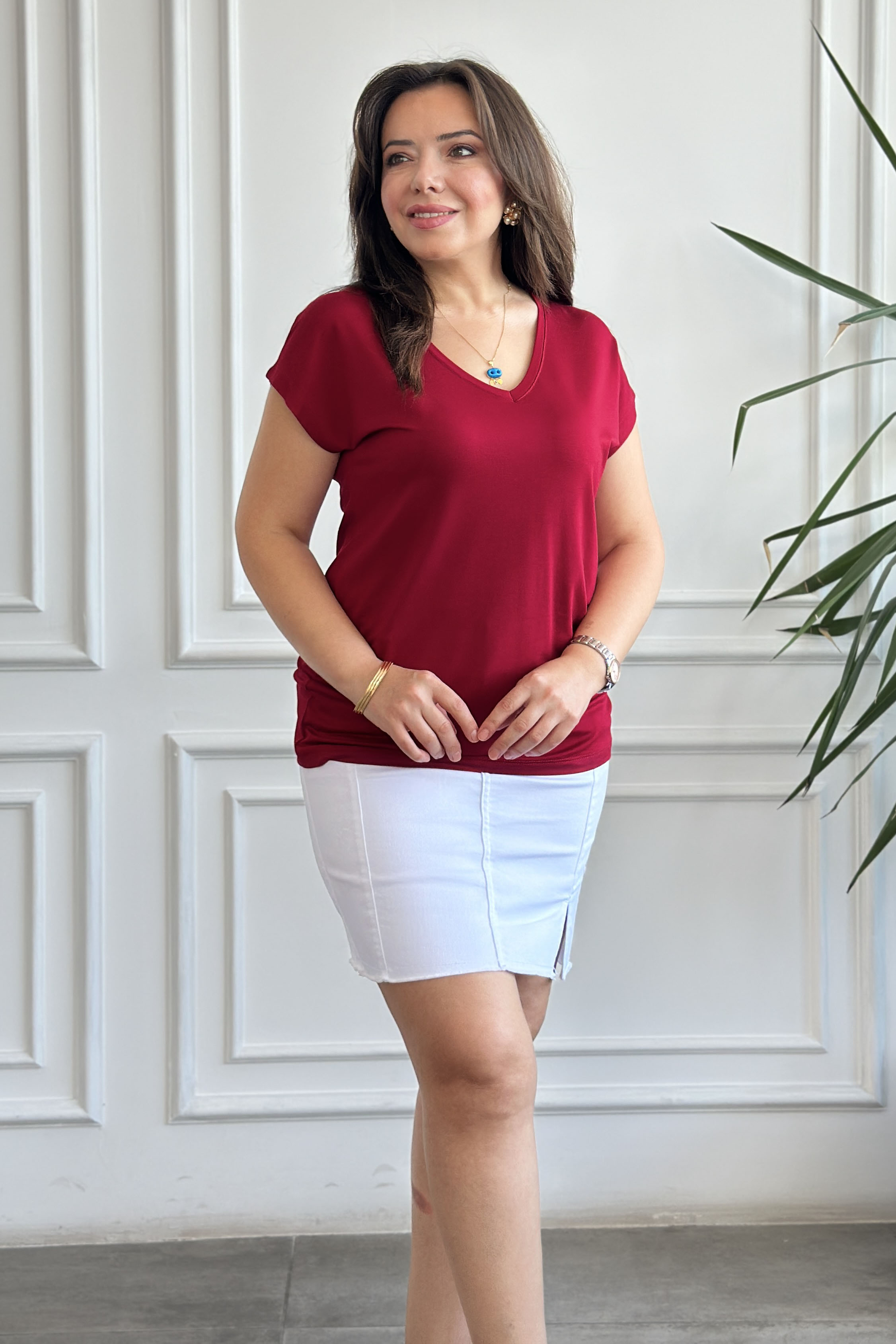 V Yaka Basic T-Shirt - BORDO