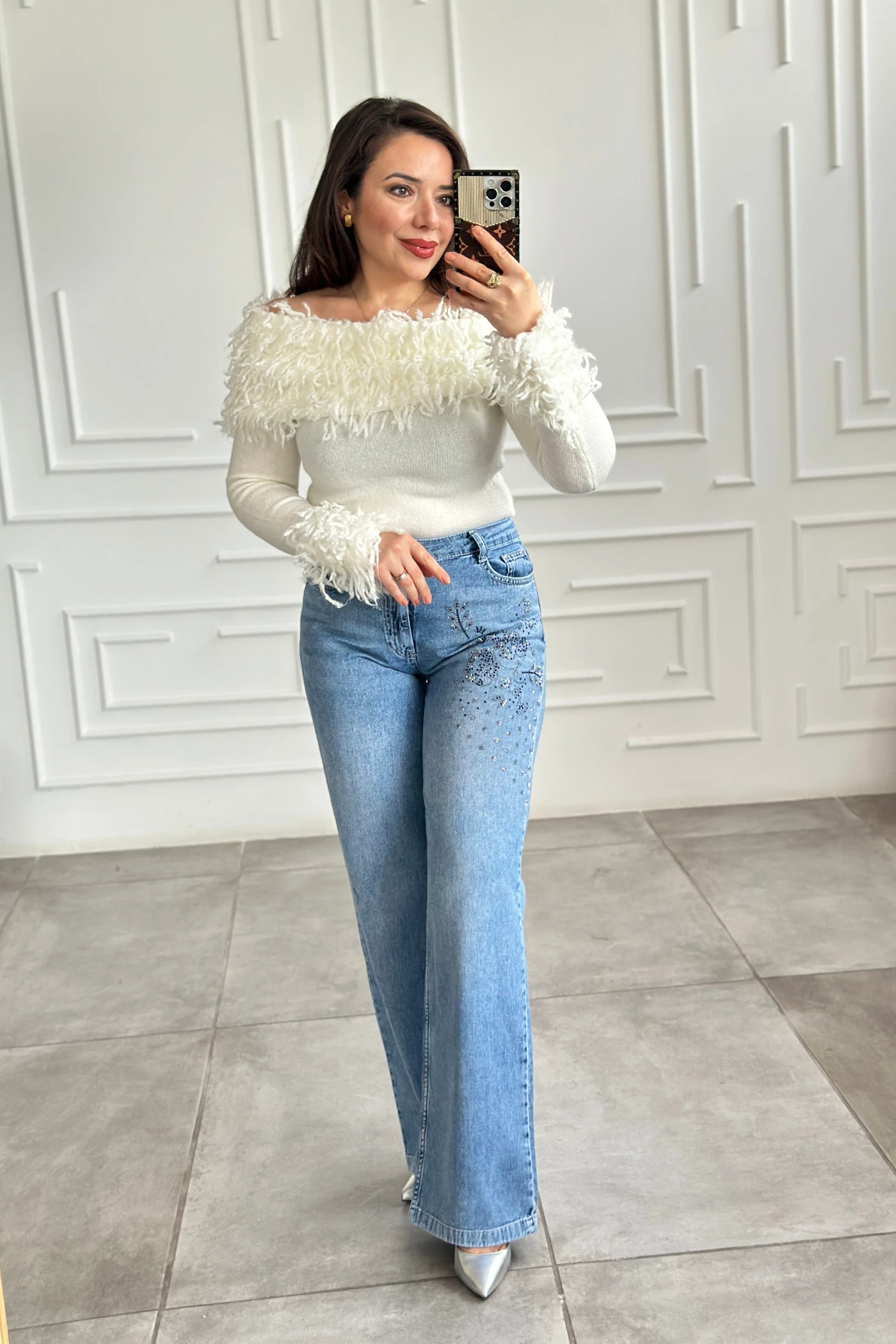 Ön Ve Arka Cebi Taş Detaylı Palazzo Kot Pantolon