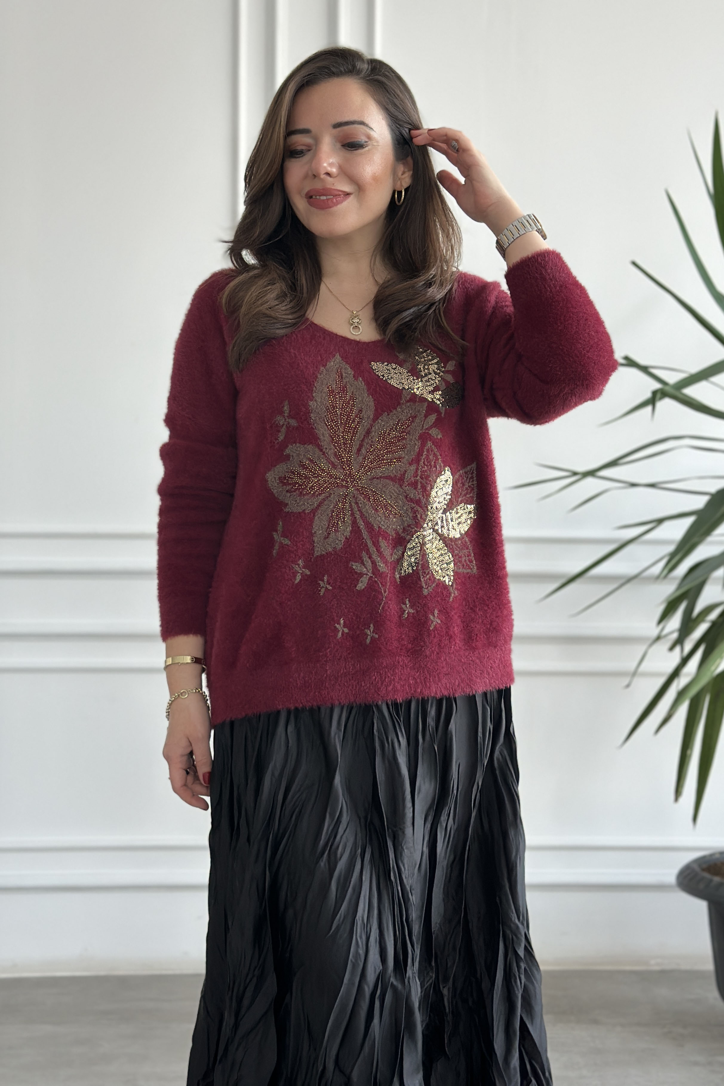 Yaprak Desen Taşlı Yün Triko - BORDO