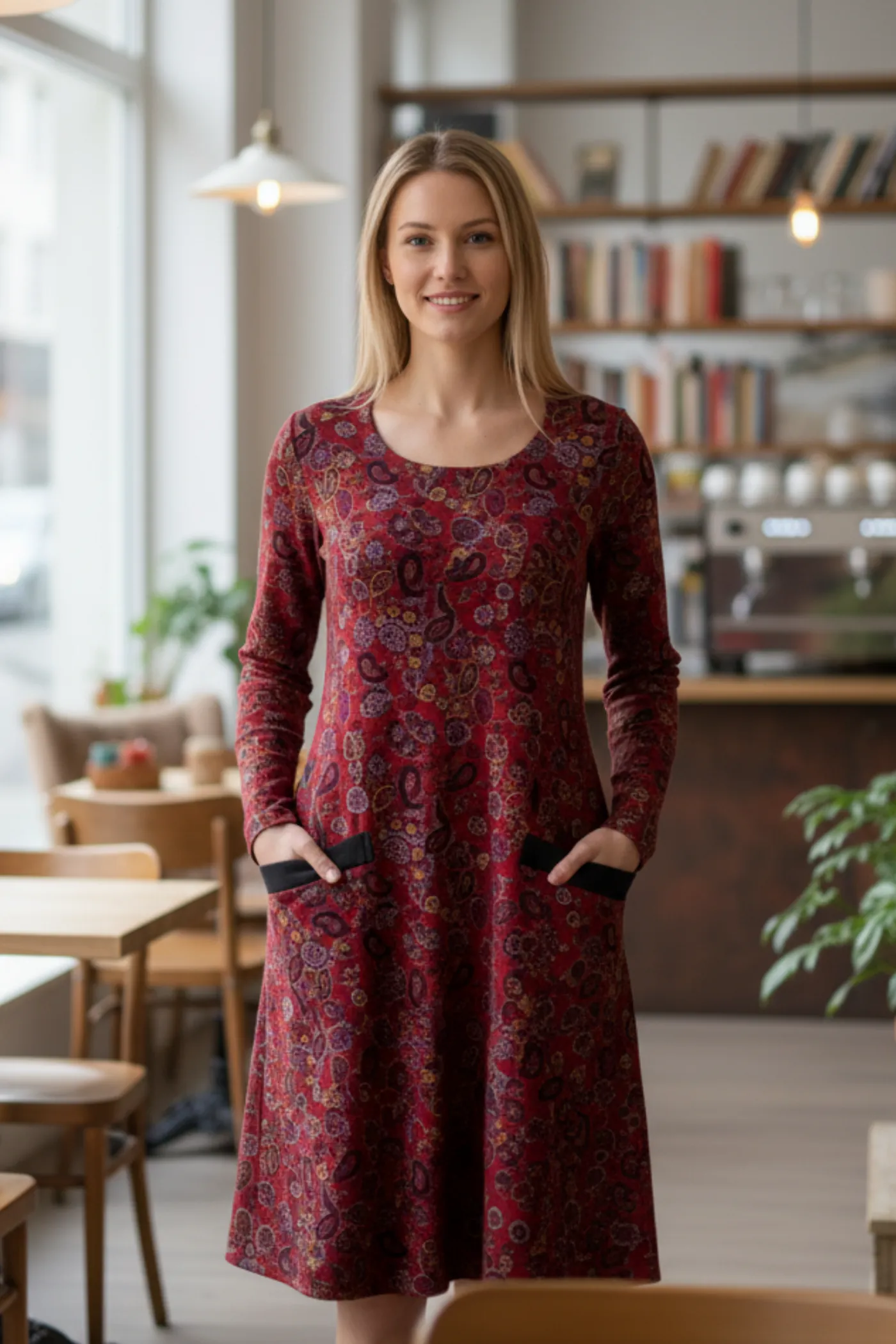 Oval Yaka Yanları Cep Detaylı Pazen Çan Elbise - FUSYA MOR