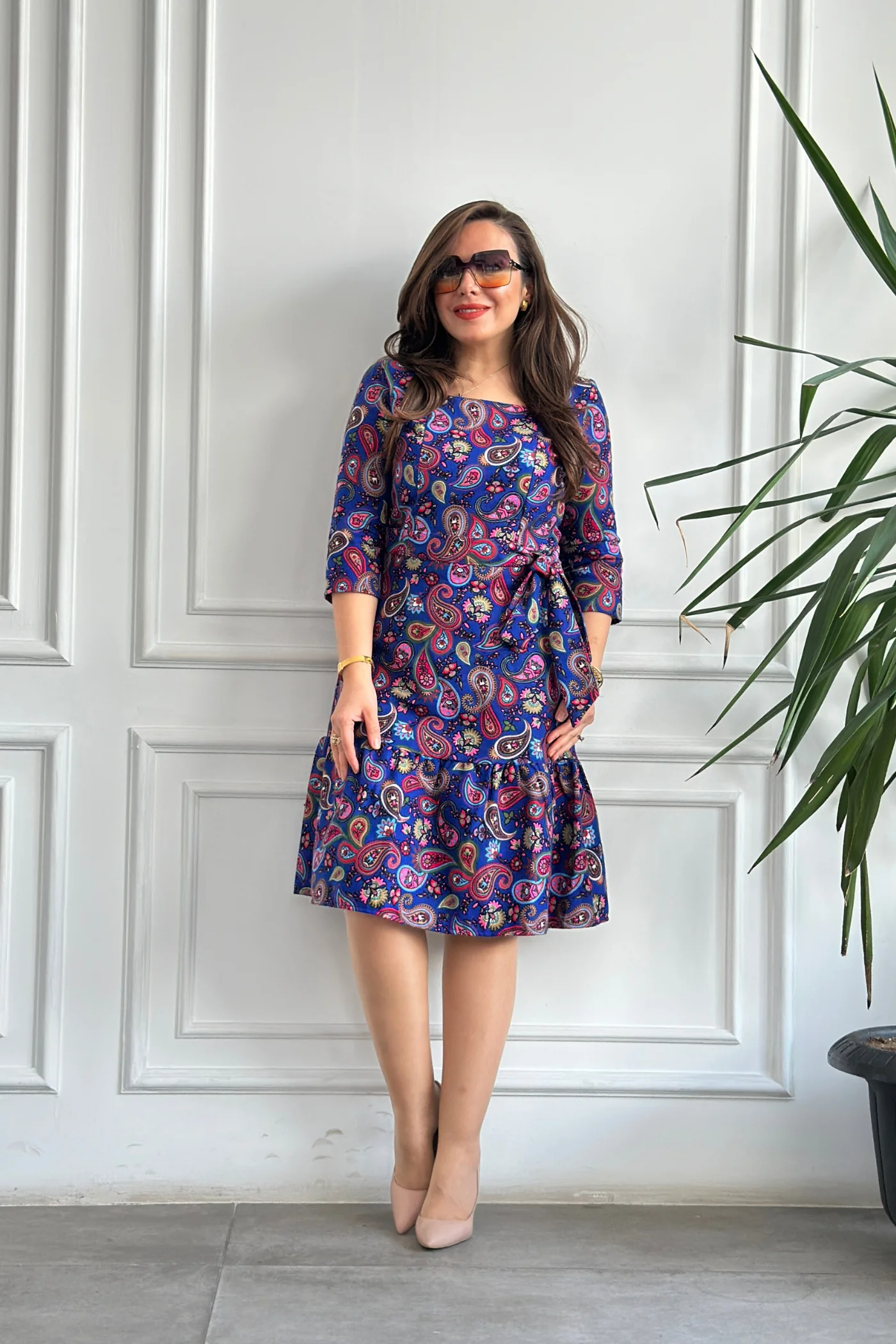 Etek Ucu Fırfırlı Kare Yaka Pazen Elbise - SAKS PEMBE