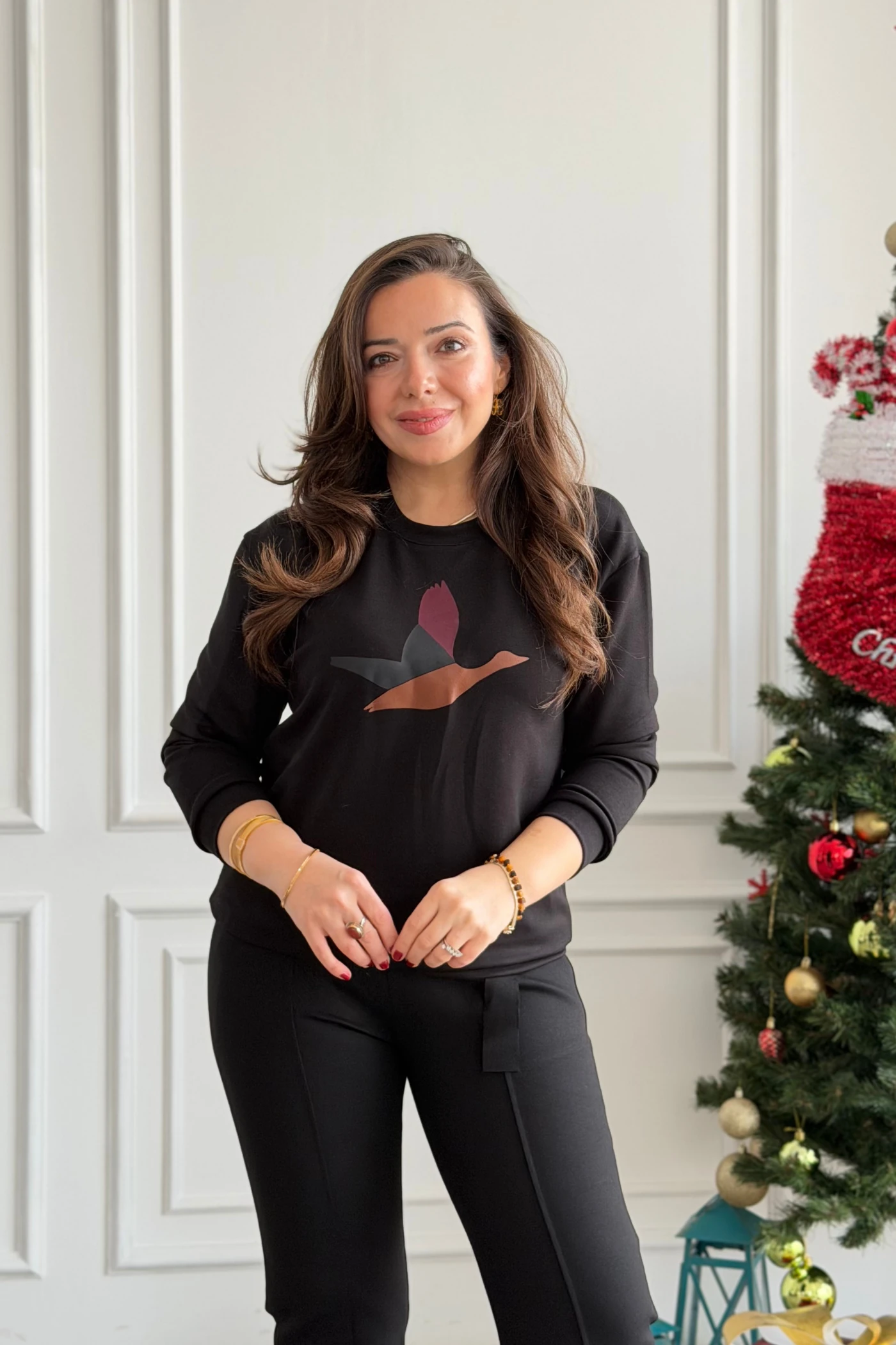 Önü Kuş Baskılı Sweat  - SIYAH