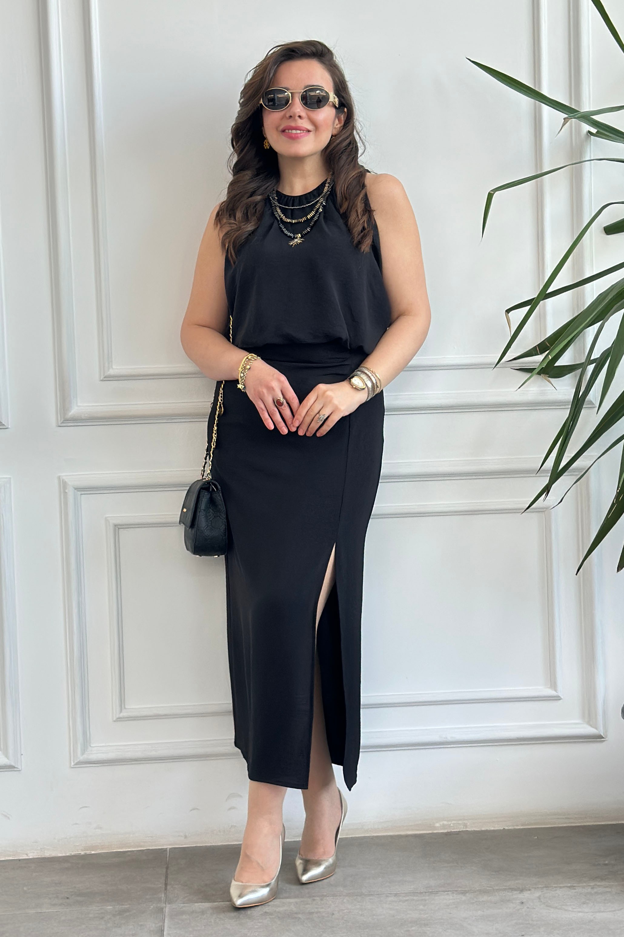 Yırtmaç Ve Drape Detaylı Elbise