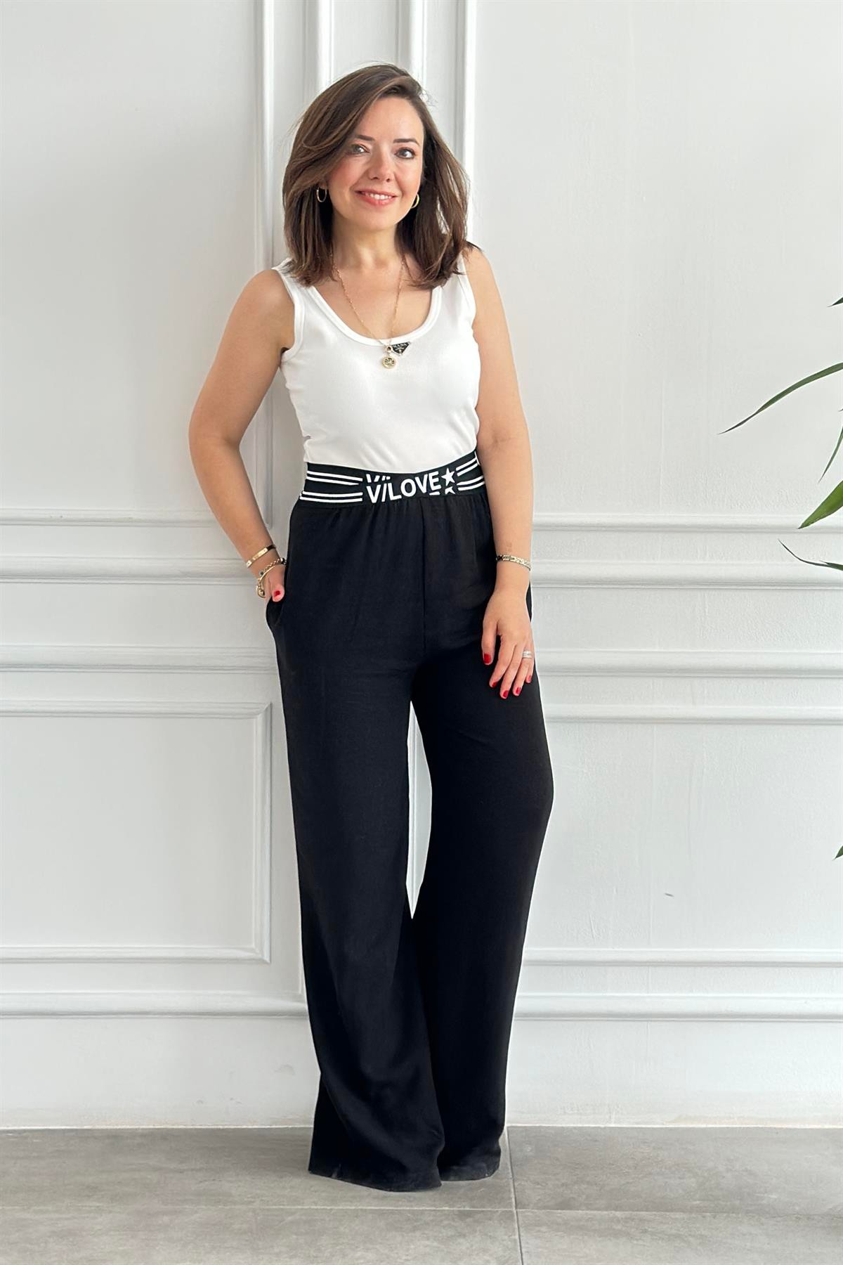 Beli Çapraz Lastik Detaylı Keten Pantolon
