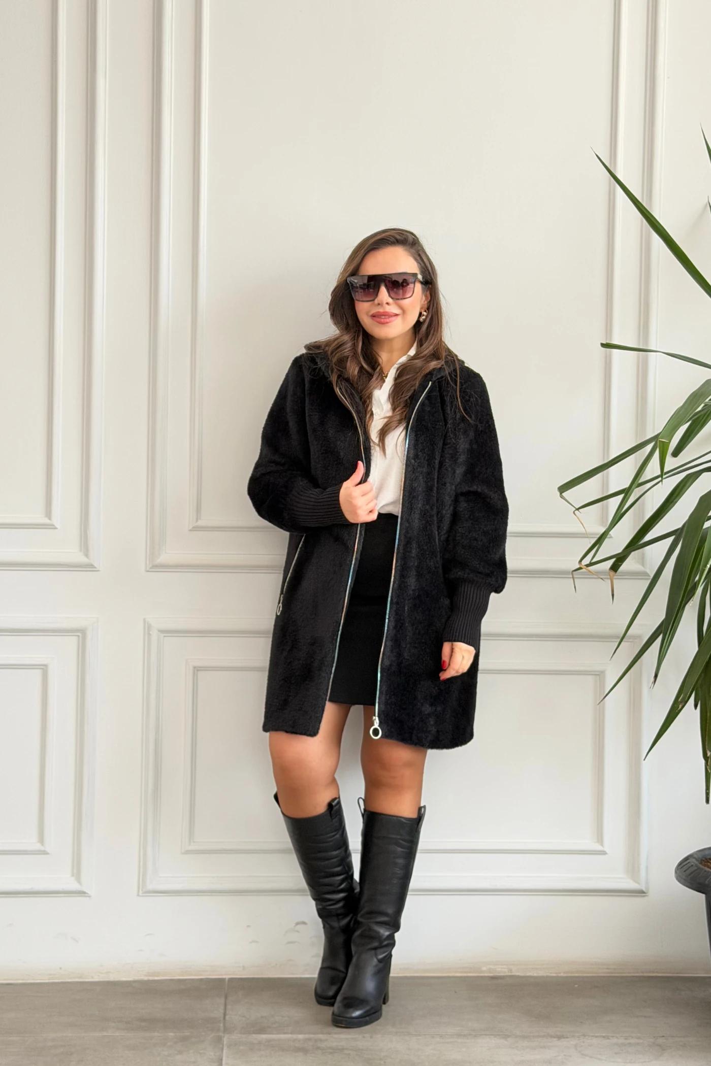 Önden Cep Fermuarlı Peluş Kaban