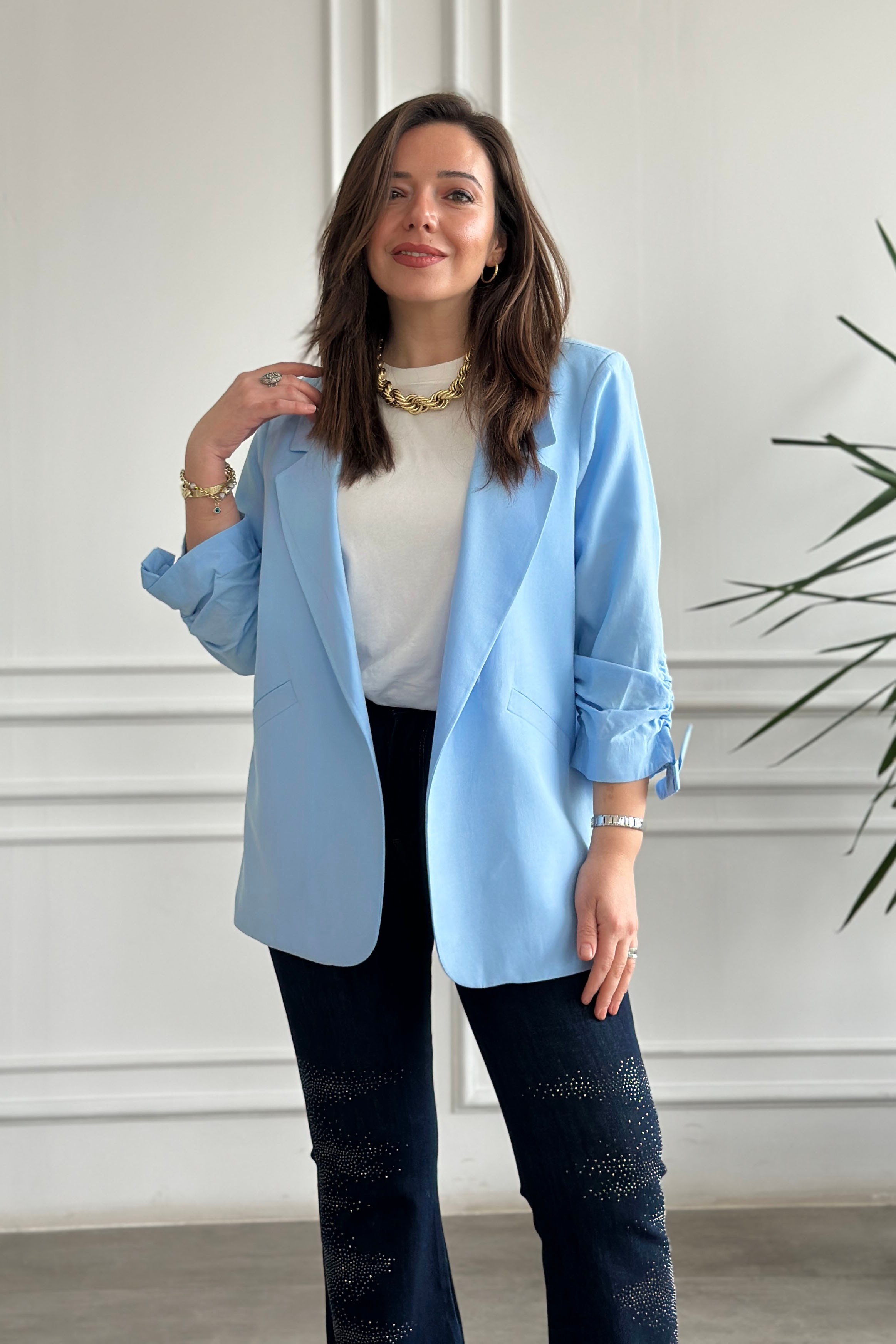 Kolları Büzgülü Blazer Ceket - BUZ MAVI