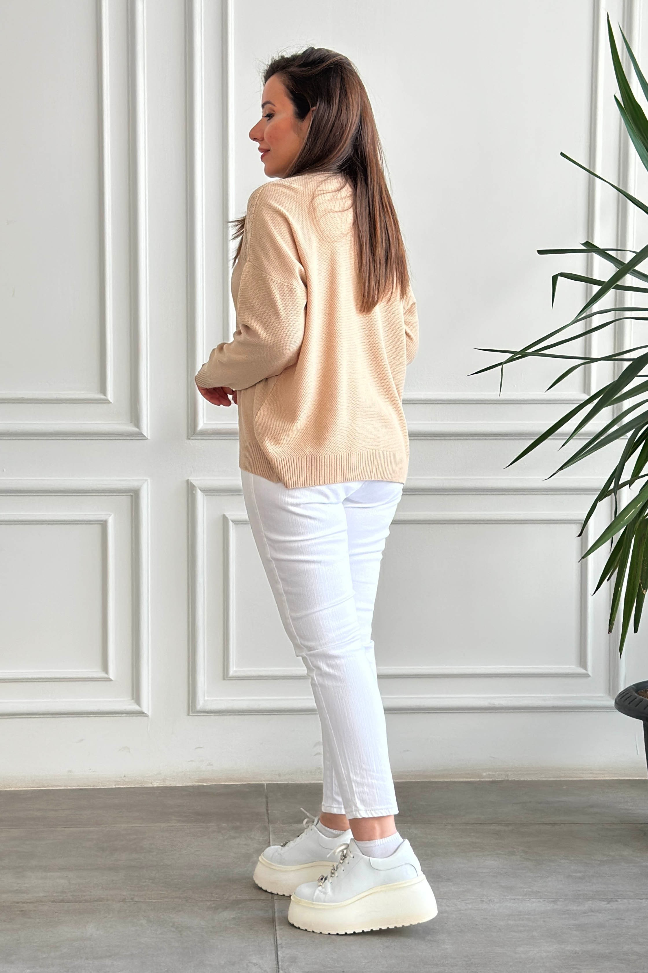 Bisiklet Yaka Zigzag Desenli Triko - CAMEL