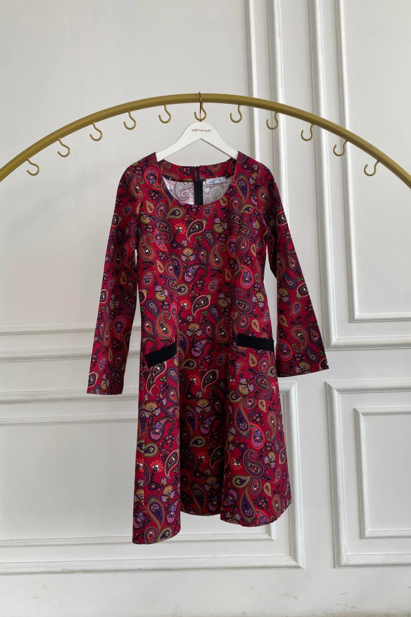 Oval Yaka Yanları Cep Detaylı Pazen Çan Elbise - FUSYA MOR