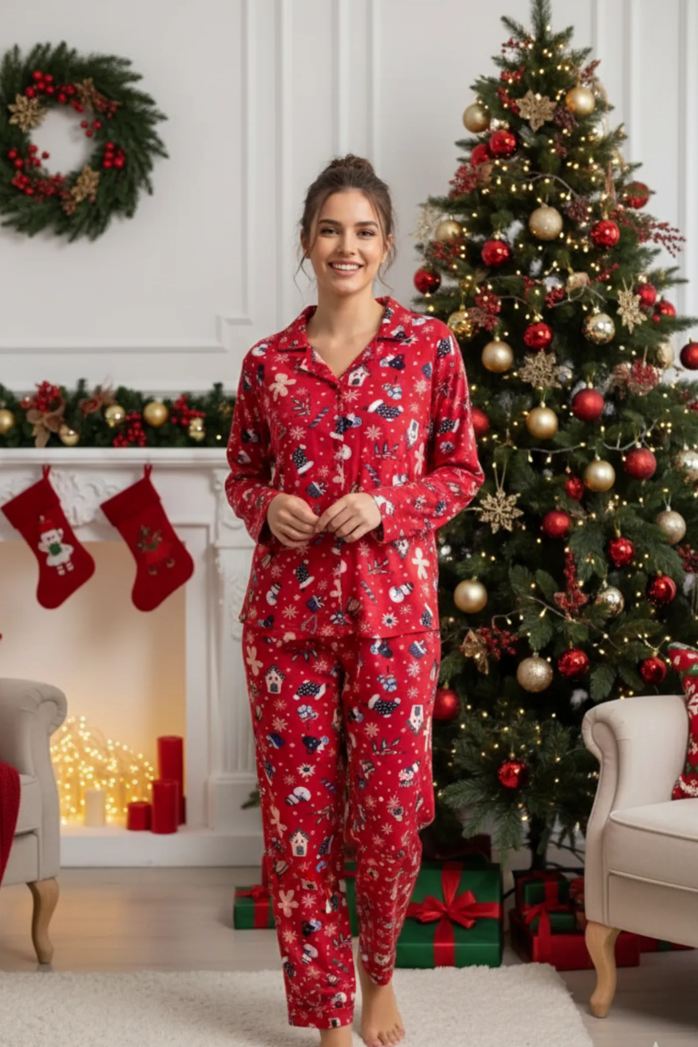 Çorap Desenli Pijama Takımı - KIRMIZI