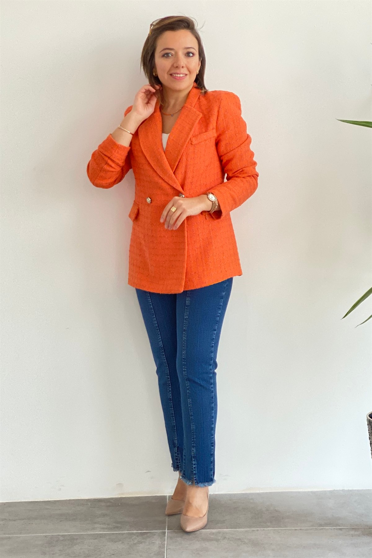 Kendinden Kareli İki Düğme Blazer Ceket