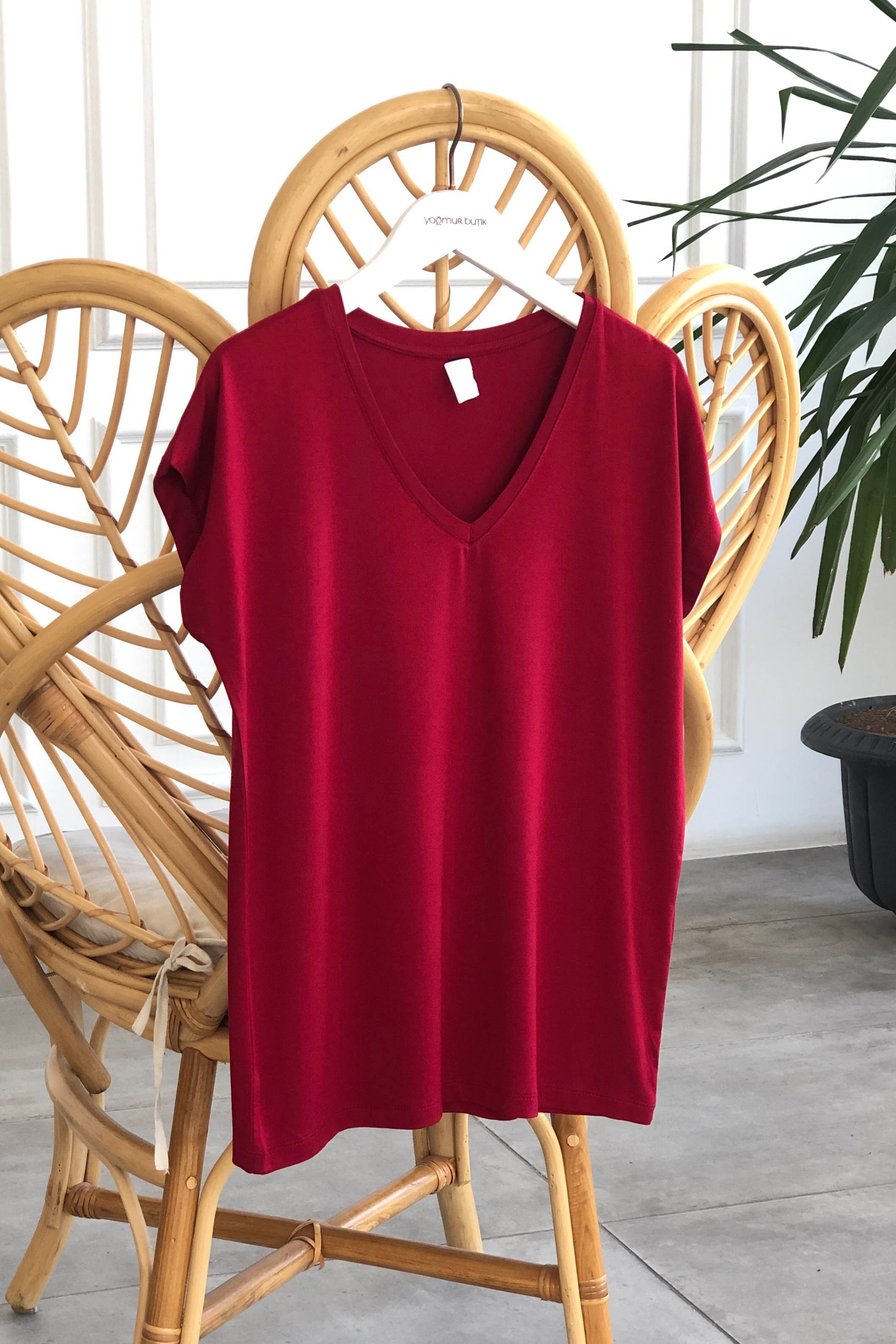 V Yaka Basic T-Shirt - BORDO