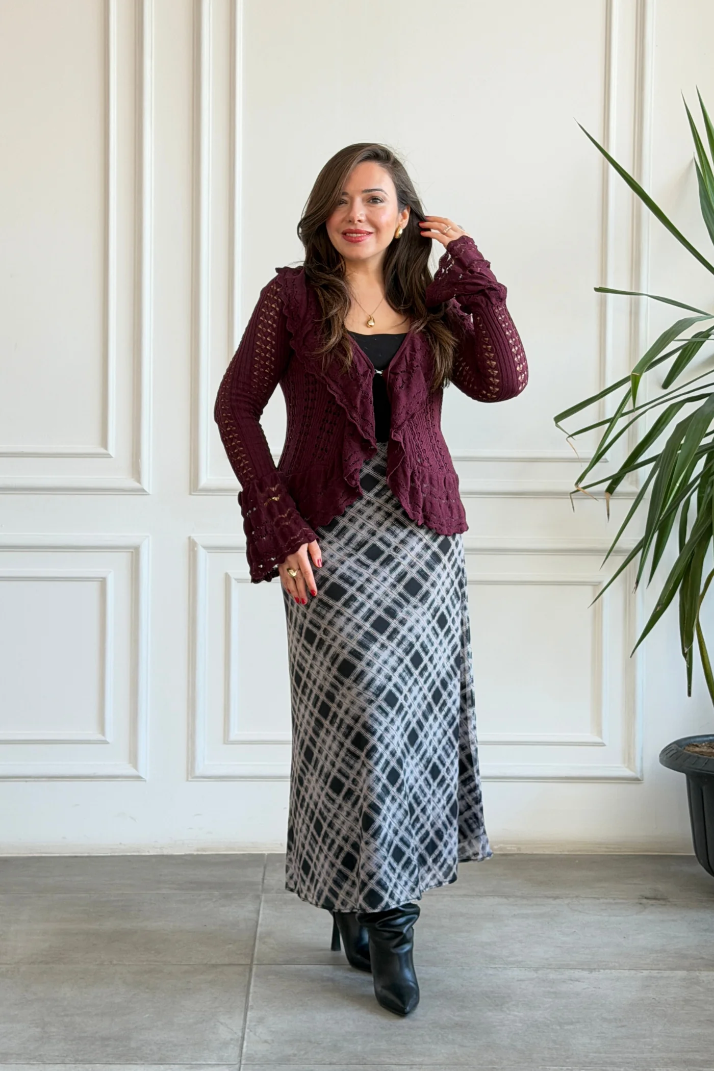 Ekose Desenli Fermuarlı Tül Etek