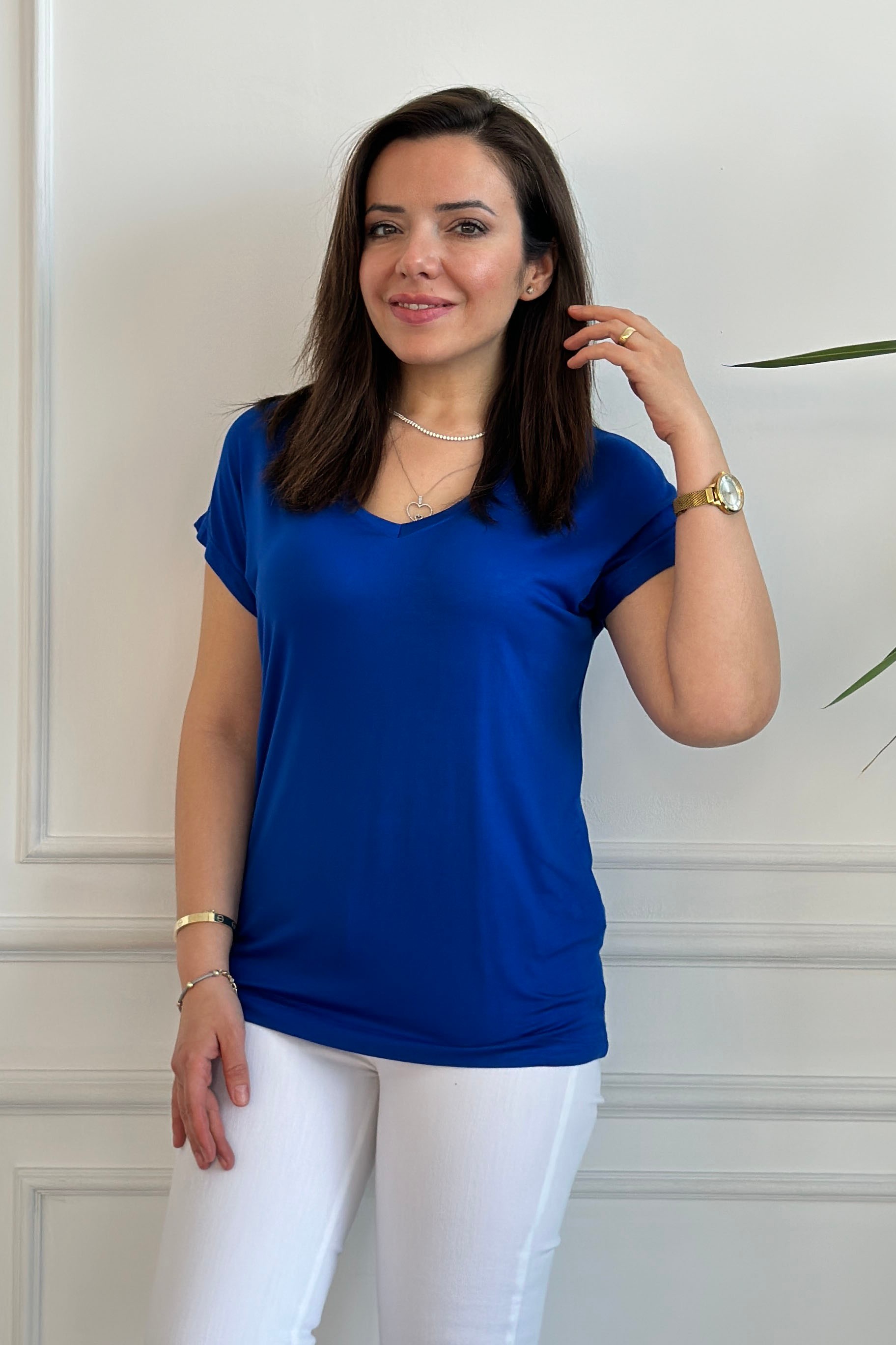 V Yaka Basic T-Shirt - SAKS MAVISI (ŞAL DESEN)