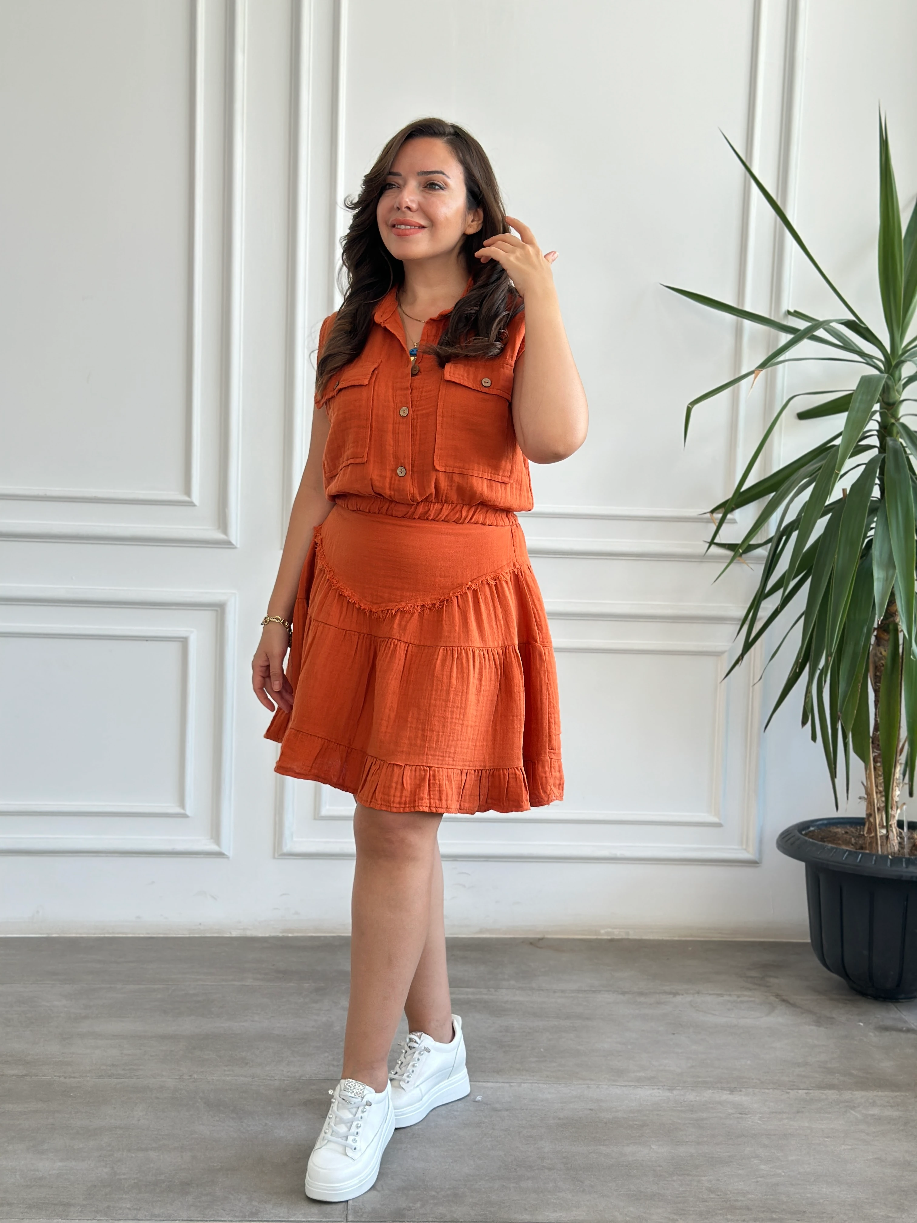 Pis Dikiş Müslin Etek - KIREMIT