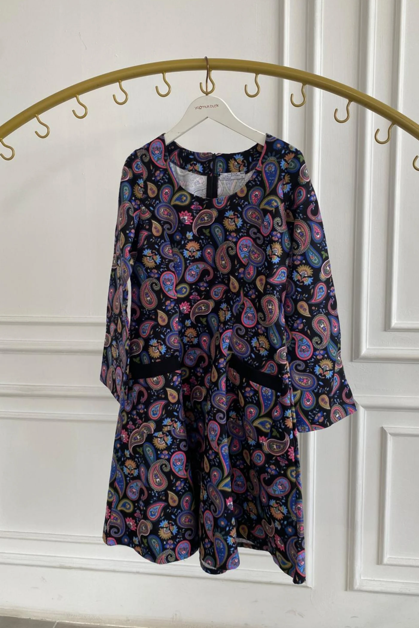 Oval Yaka Yanları Cep Detaylı Pazen Çan Elbise - PEMBE MAVI