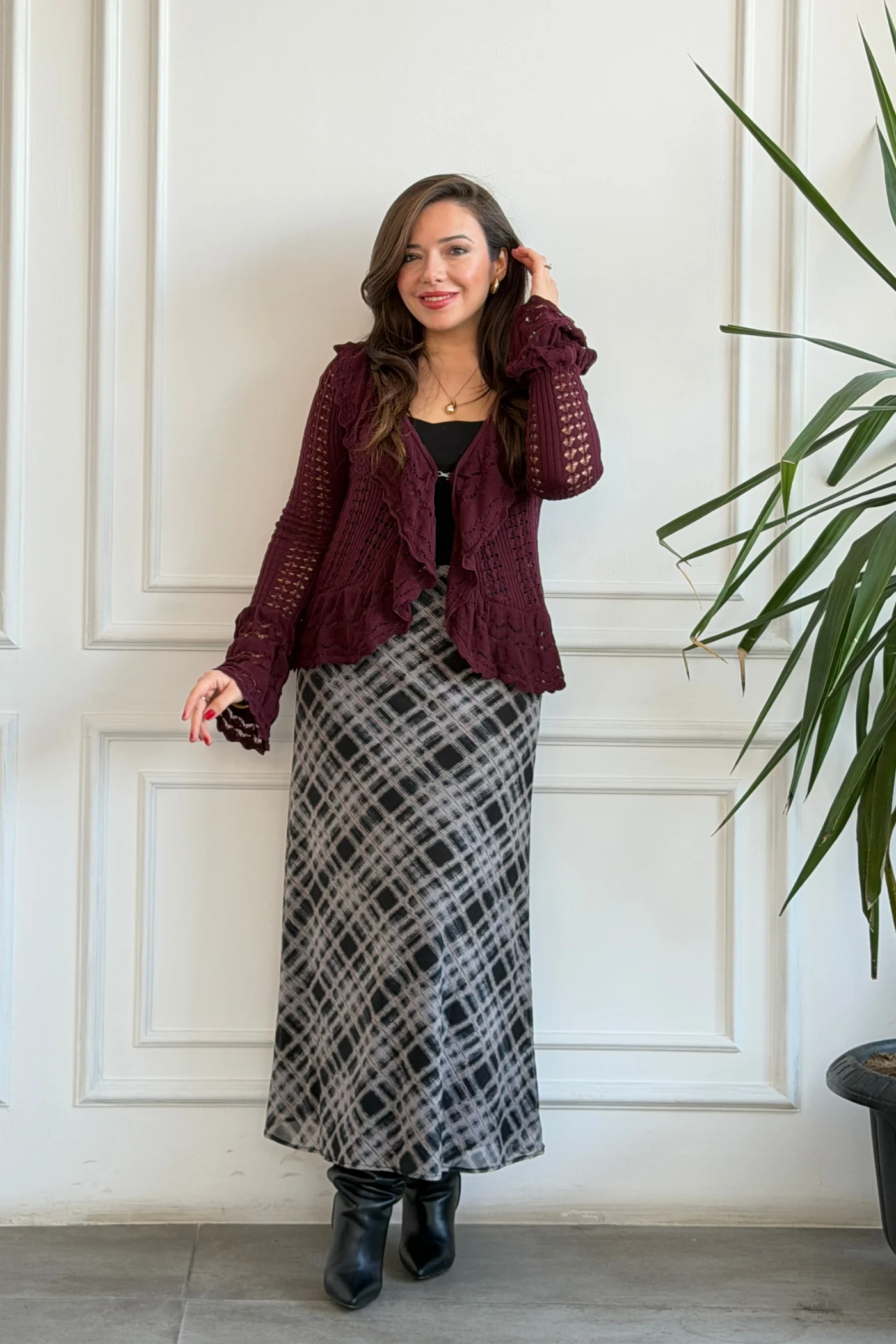 Fırfırlı Triko Hırka - BORDO