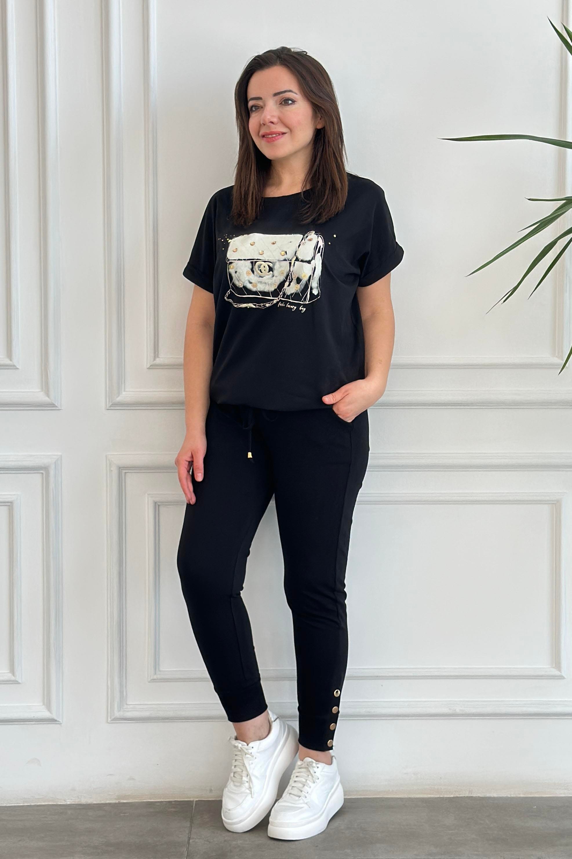 Beli Bağlamalı Önü Çanta Taş Detaylı T-Shirt