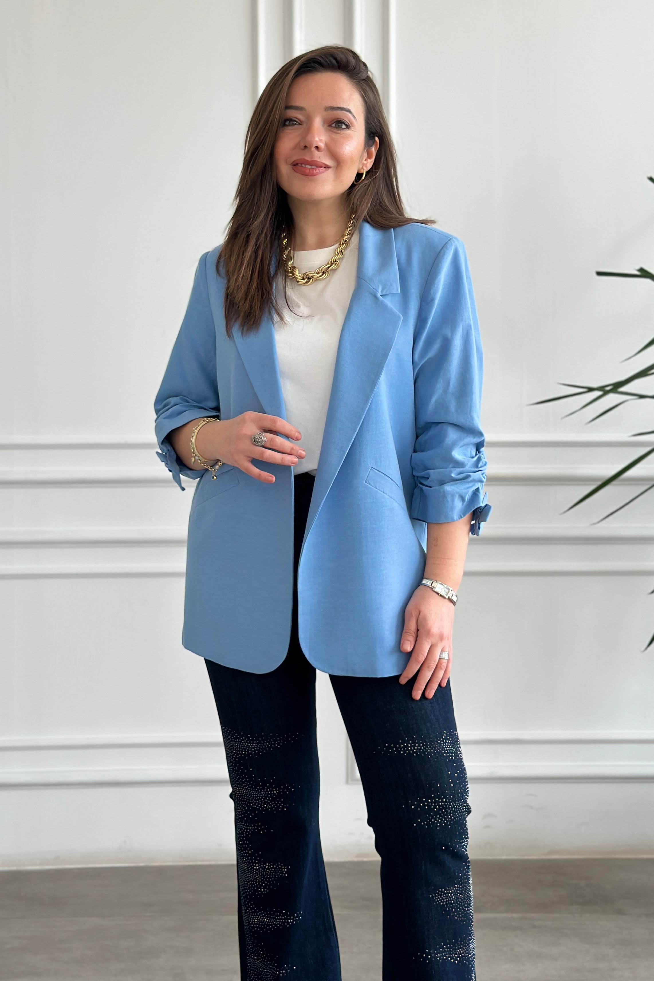 Kolları Büzgülü Blazer Ceket - MAVI