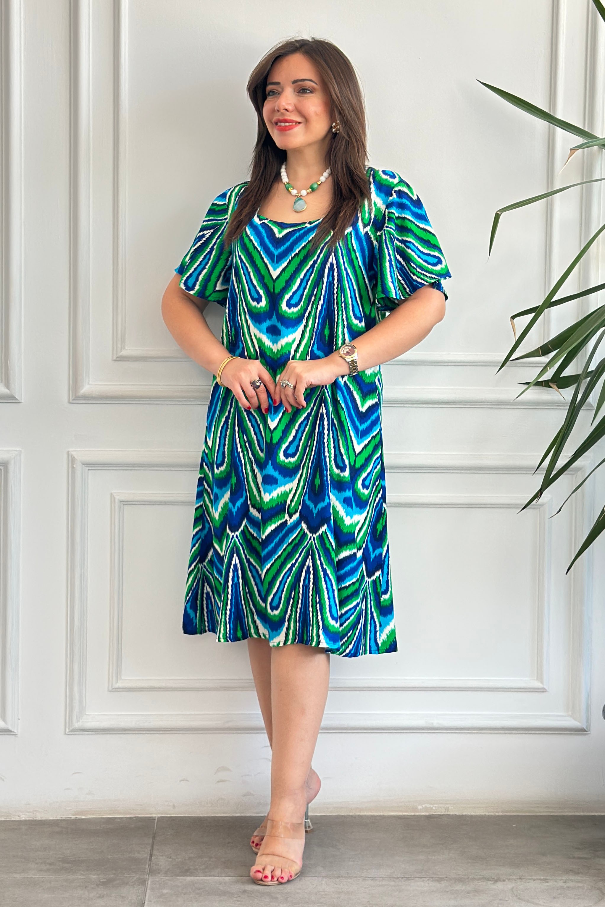 Kare Yaka Desenli Viscon Elbise - MINT LACIVERT