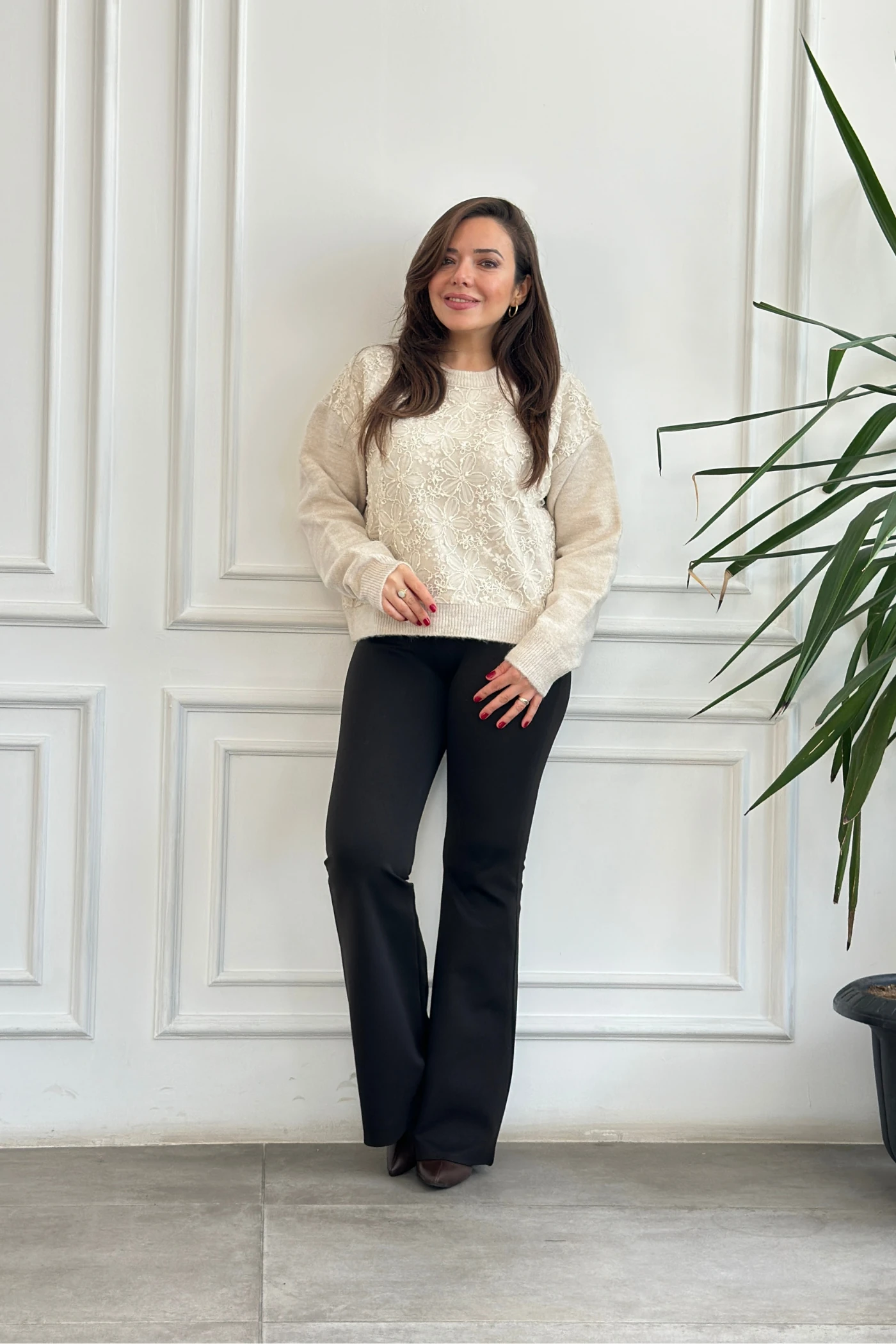 Tül Detaylı Triko Kazak