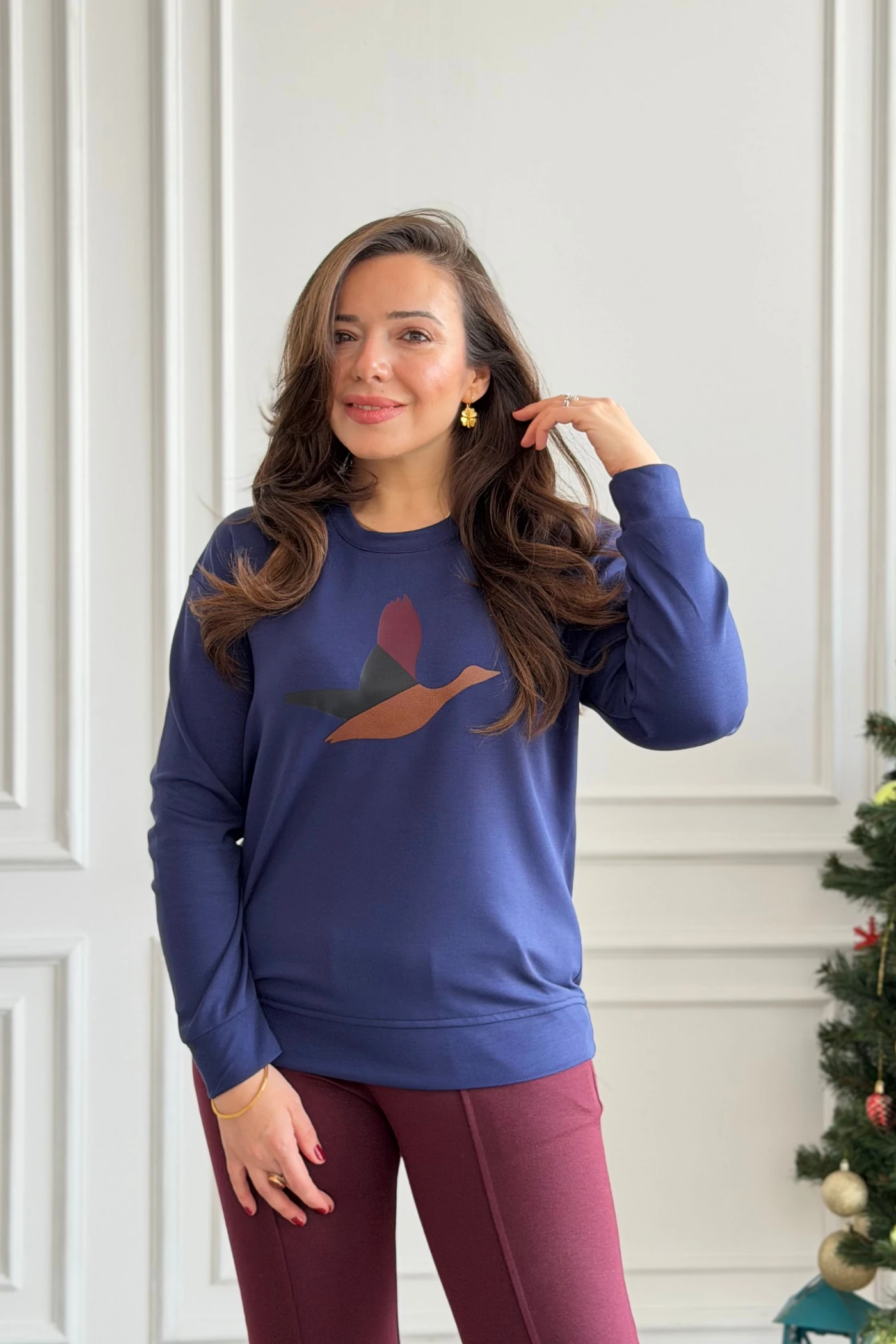 Önü Kuş Baskılı Sweat  - LACIVERT